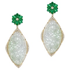 Goshwara Carved Emerald dnd Jade with Diamond Earrings