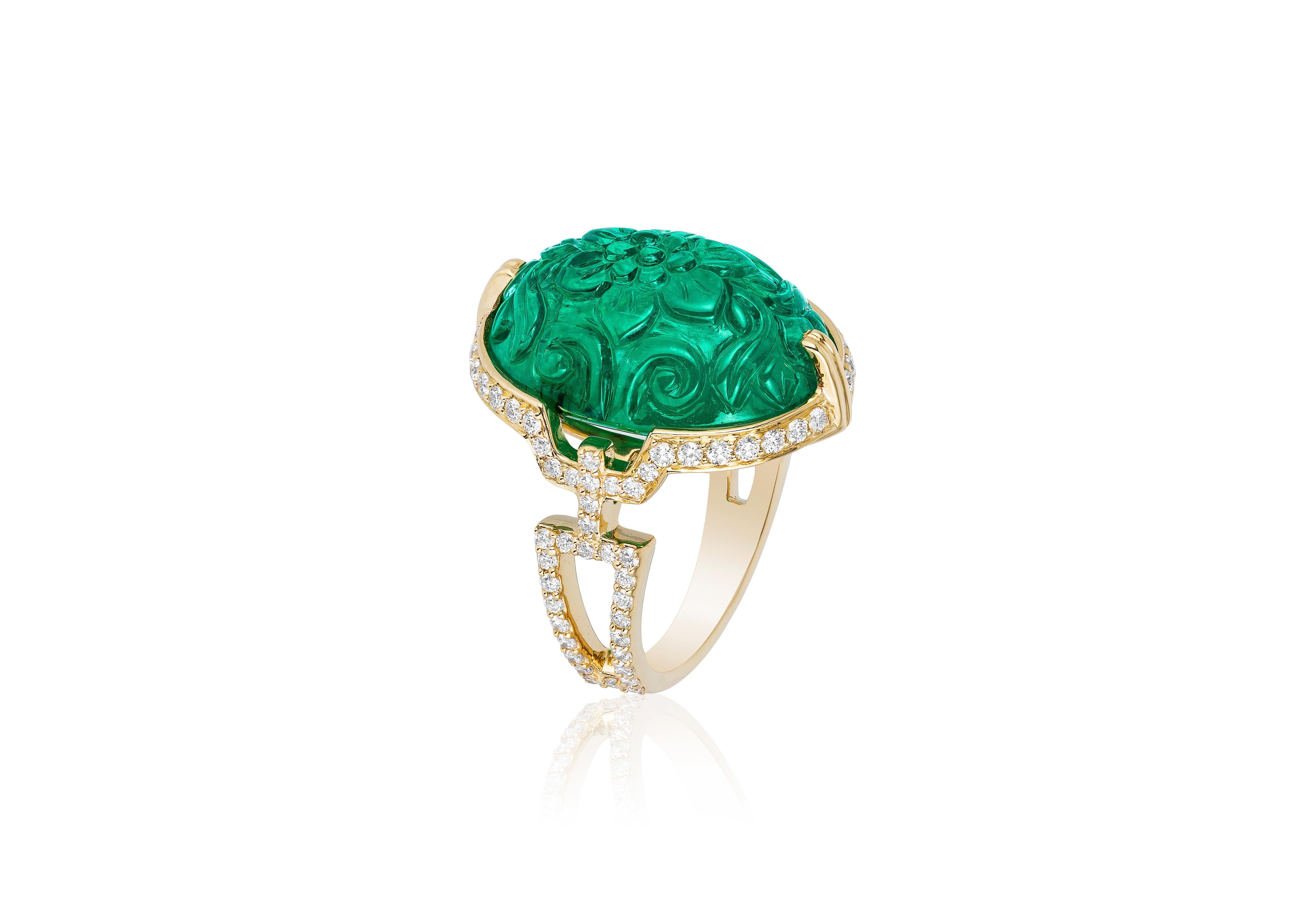 Goshwara Carved Emerald with Diamond Ring For Sale at 1stDibs