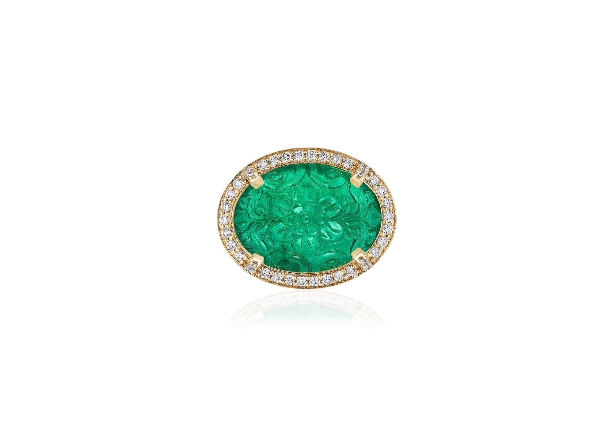 Contemporary Goshwara Carved Emerald with Diamond Ring For Sale