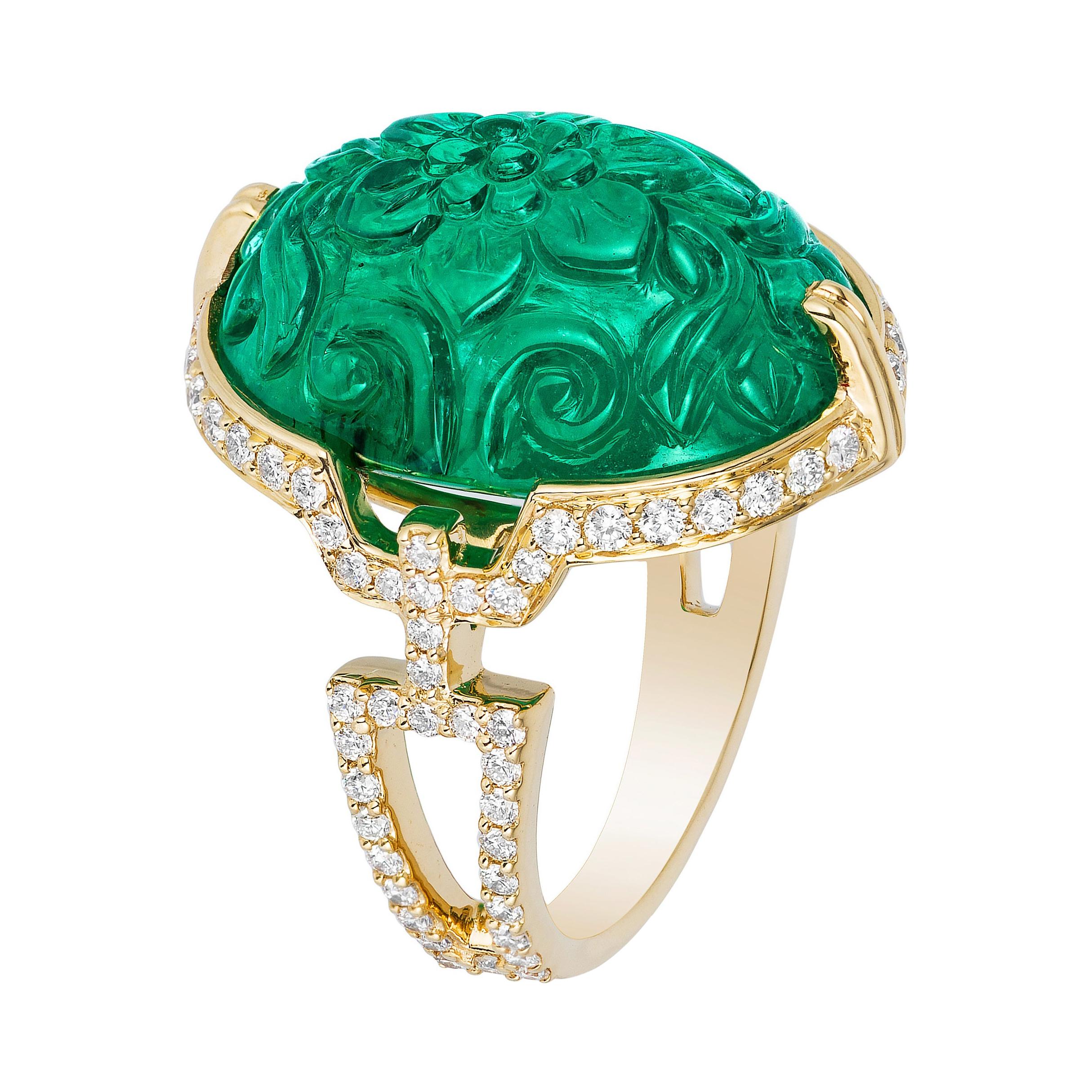 Goshwara Carved Emerald with Diamond Ring