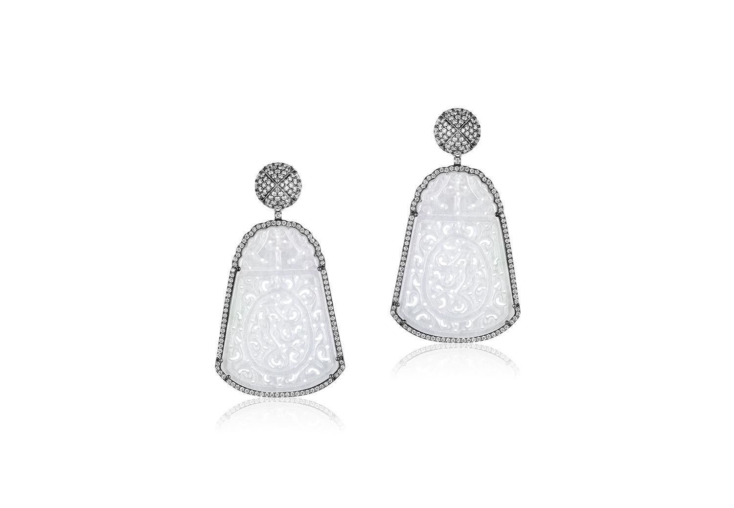 Carved Jade Earrings with Diamonds in 18k White Gold and Black Rhodium, from 'G-One' Collection

Gemstone Weight: 77.08 Carats

Diamond: G-H / VS, Approx Wt: 3.59 Carats