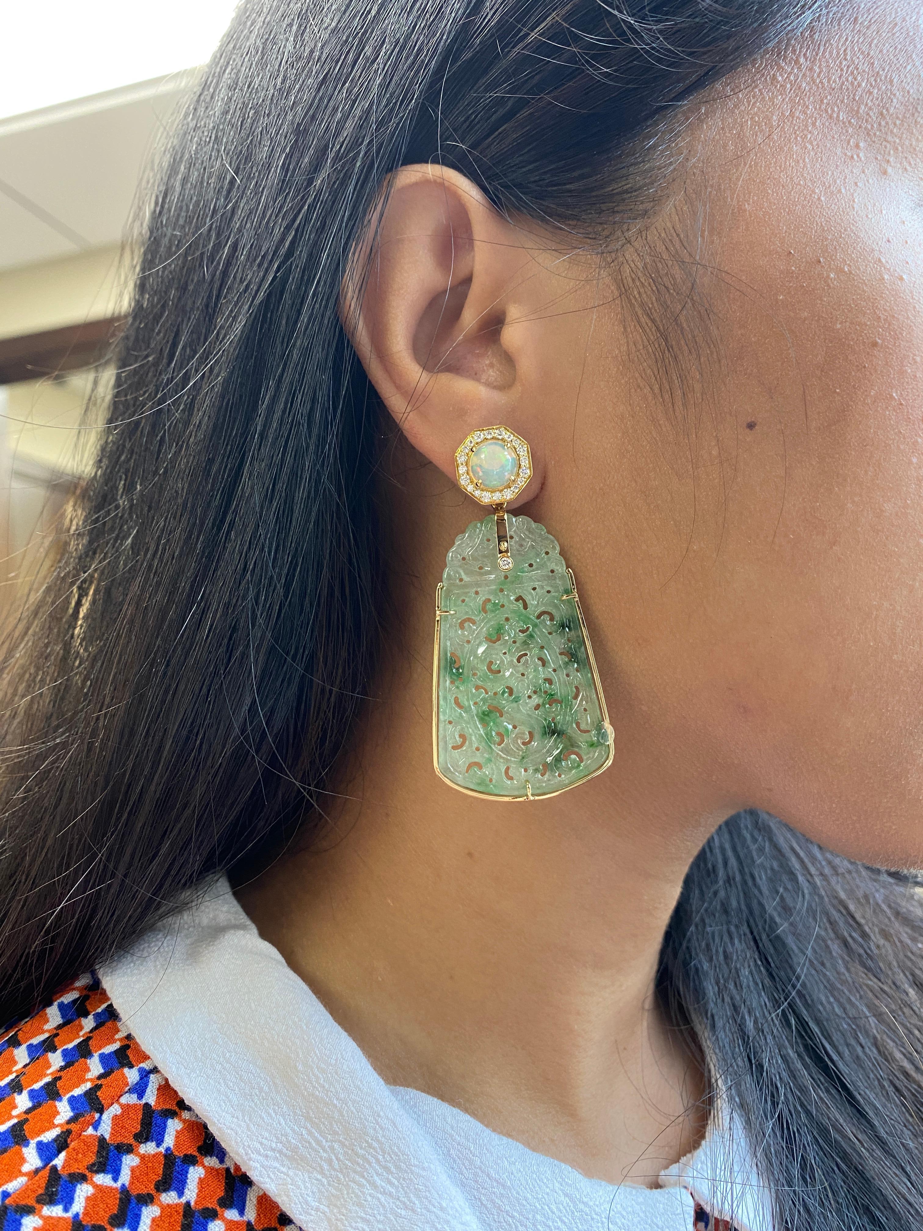 Women's Goshwara  Carved Jade Opal And Diamond Earrings
