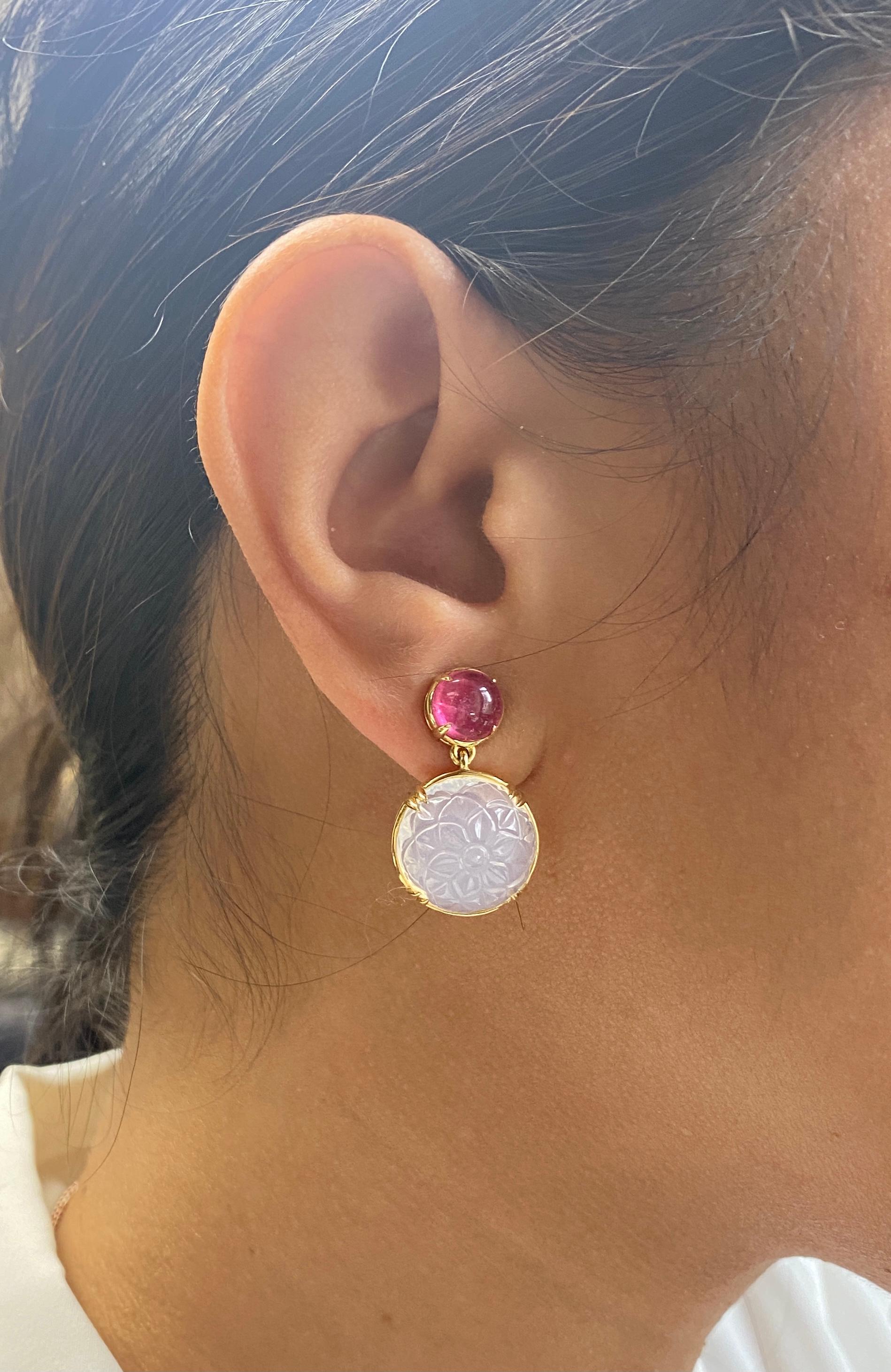 Goshwara Carved Moon Quartz And Rubelite Cabochon Earrings 4