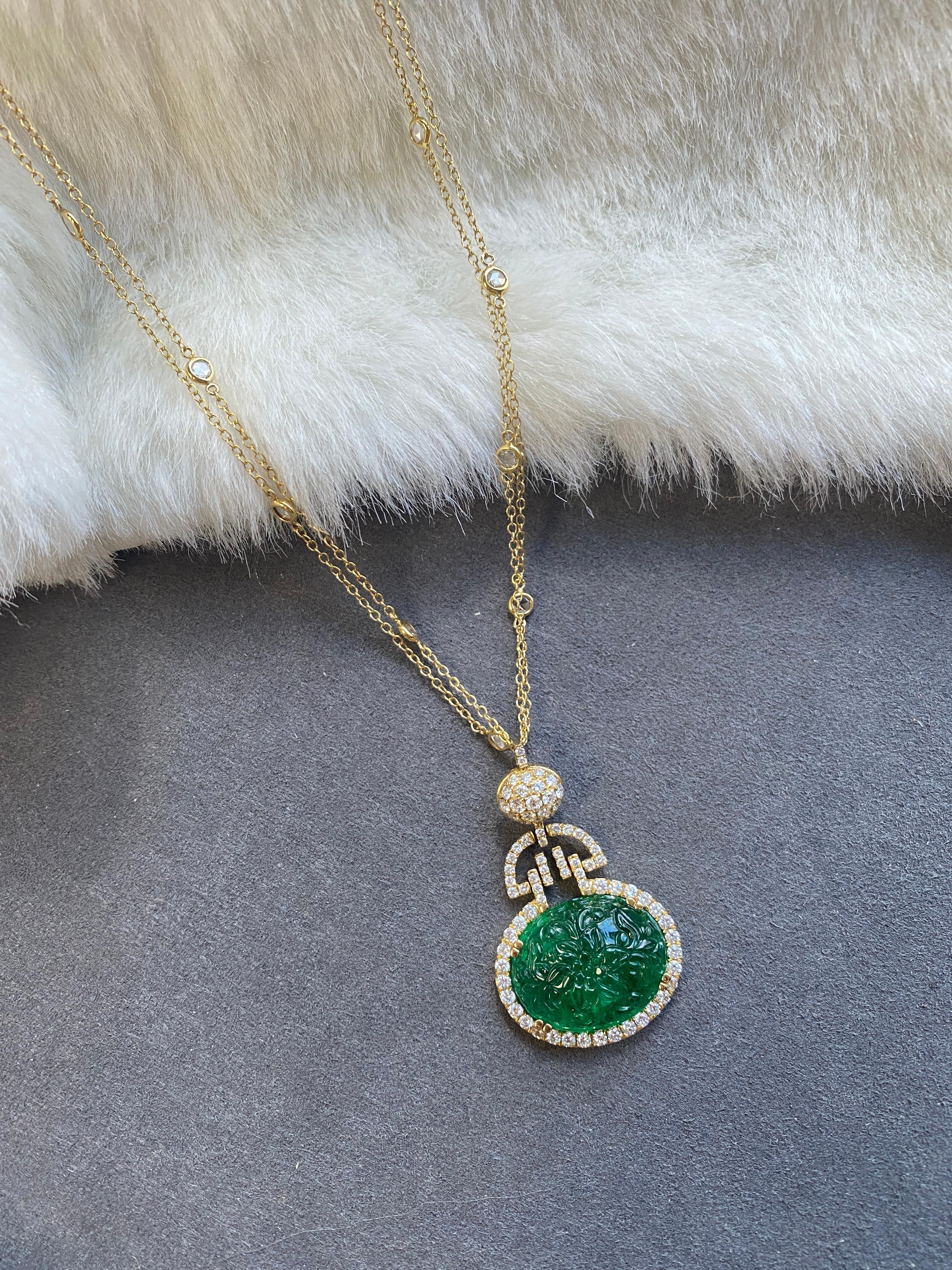 Mixed Cut Goshwara Carved Oval Emerald And Diamond Pendant