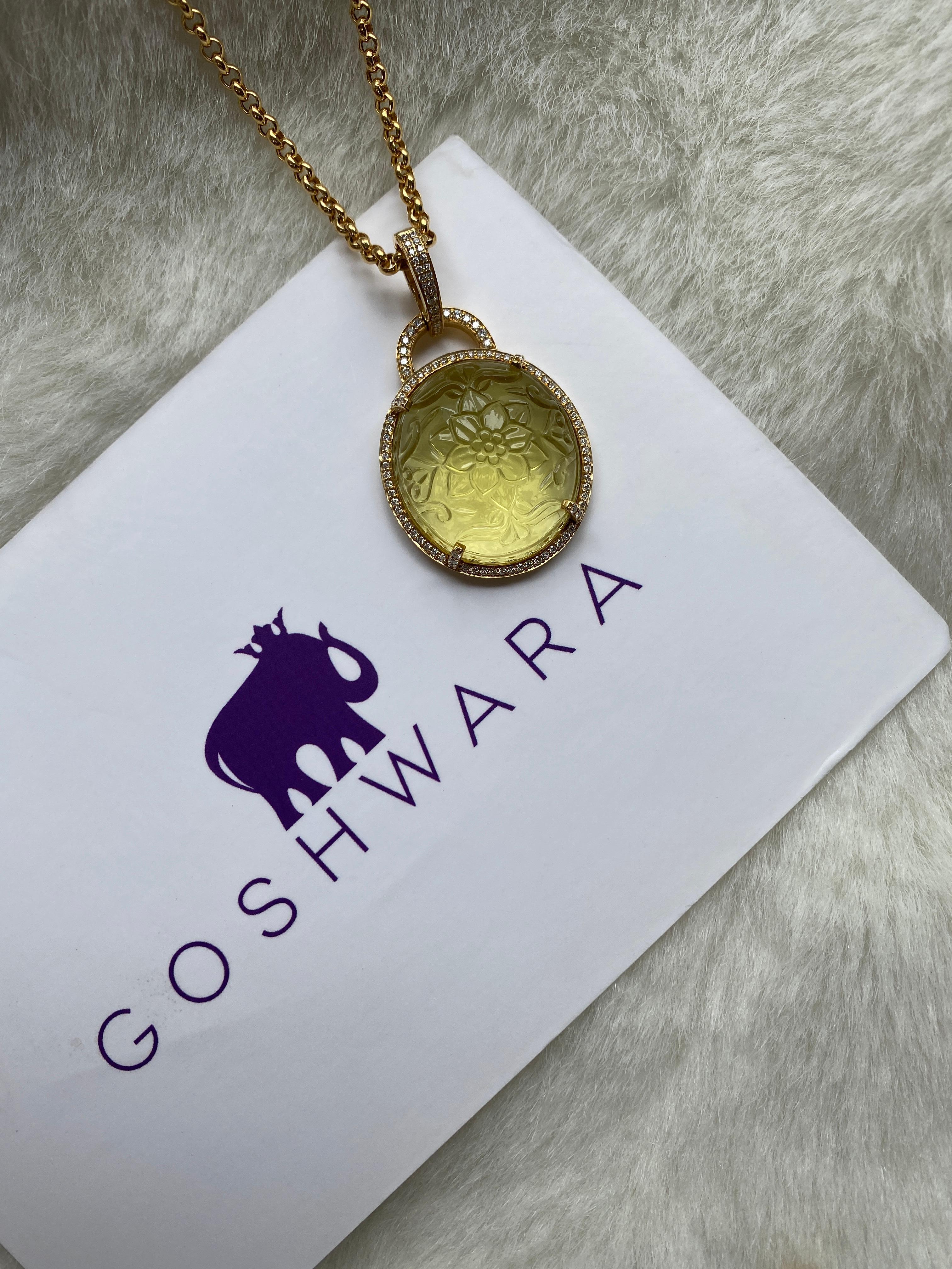 Goshwara Carved Oval Lemon Quartz and Diamond Pendant In New Condition For Sale In New York, NY