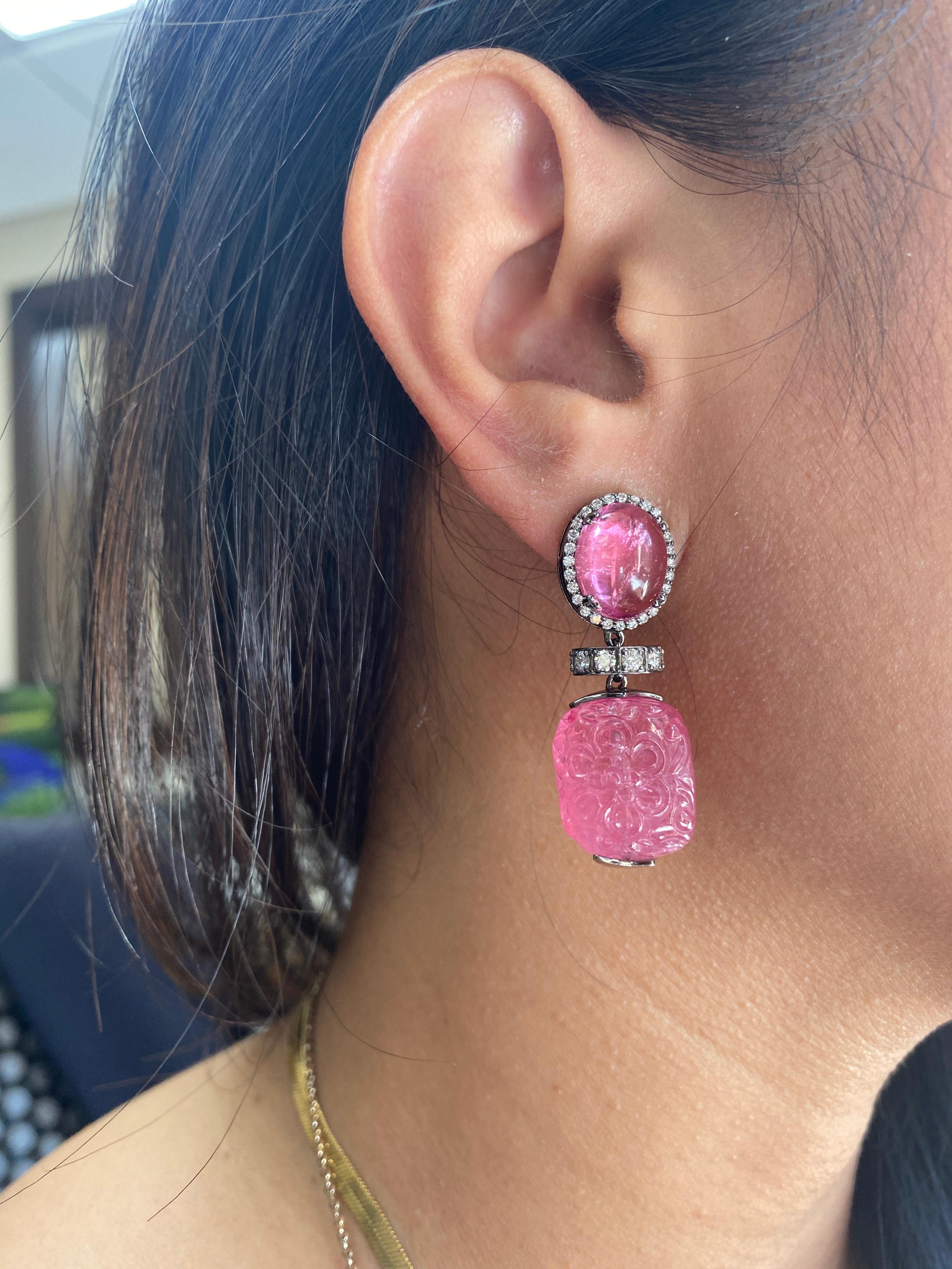 Contemporary Goshwara Carved Pink Tourmaline And Diamond Earrings