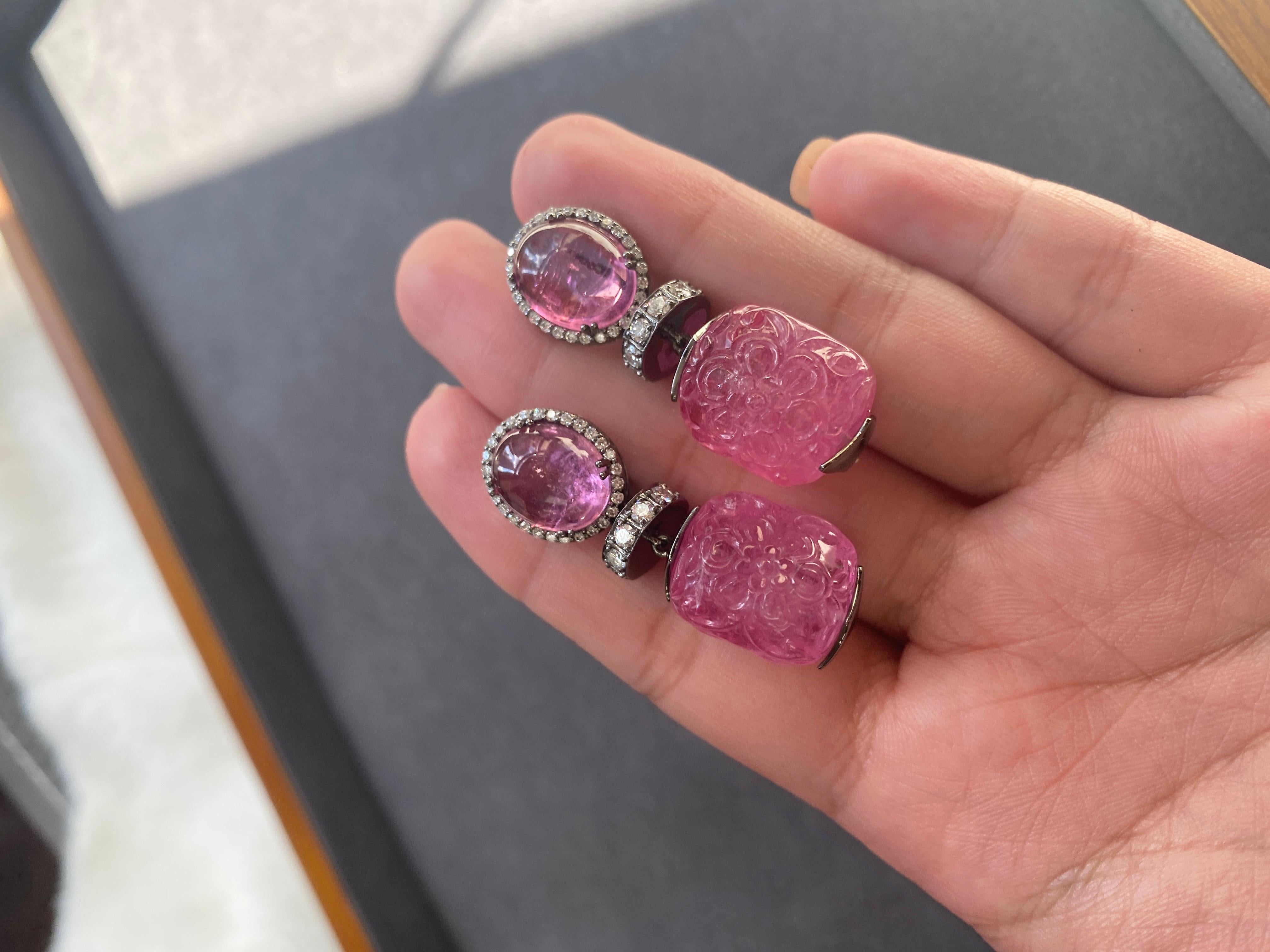 Mixed Cut Goshwara Carved Pink Tourmaline And Diamond Earrings