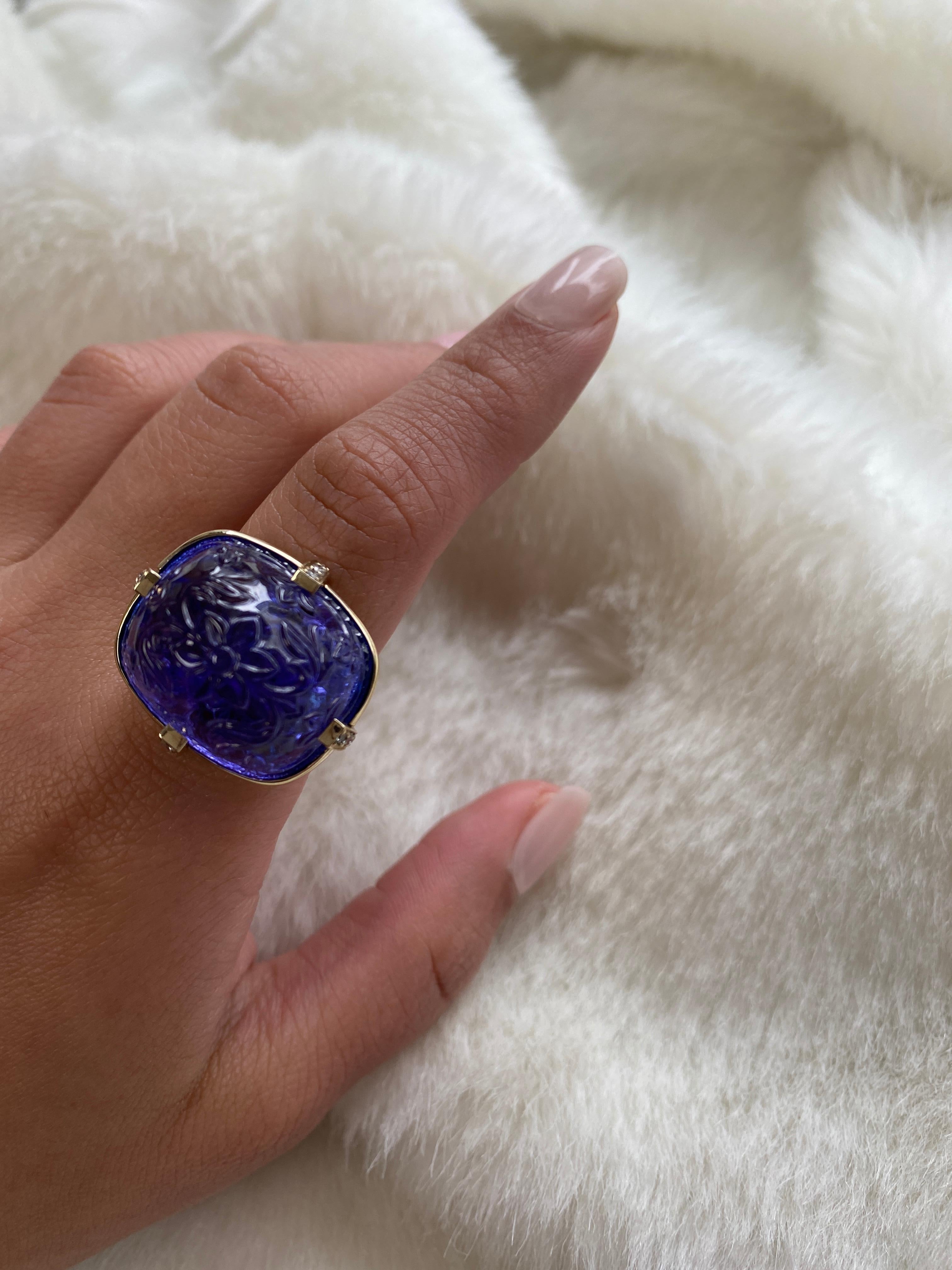 Sugarloaf Cabochon Goshwara Carved Sugarloaf Tanzanite and Diamond Ring For Sale