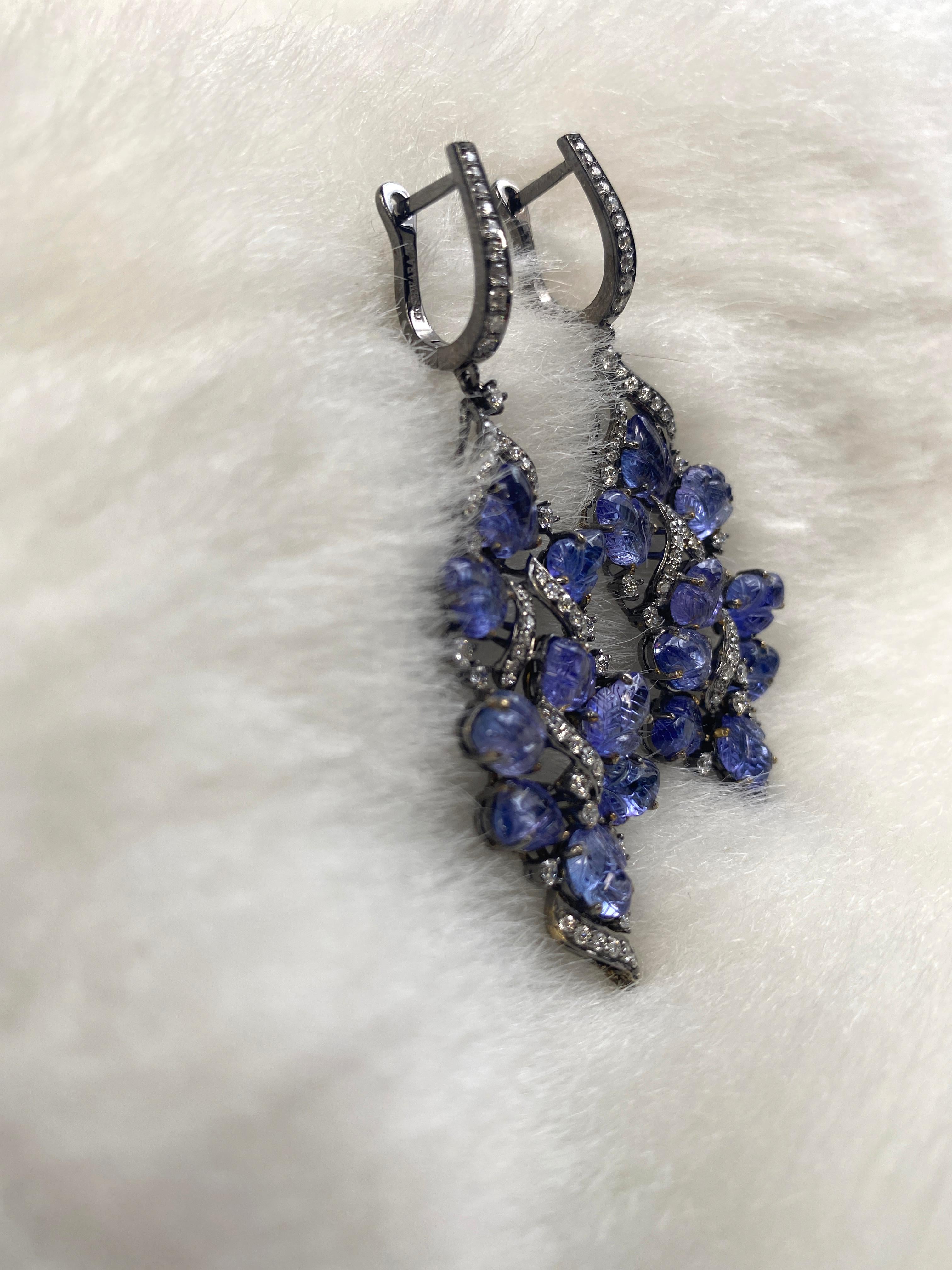Mixed Cut Goshwara Carved Tanzanite Leaf with Diamonds Earrings For Sale