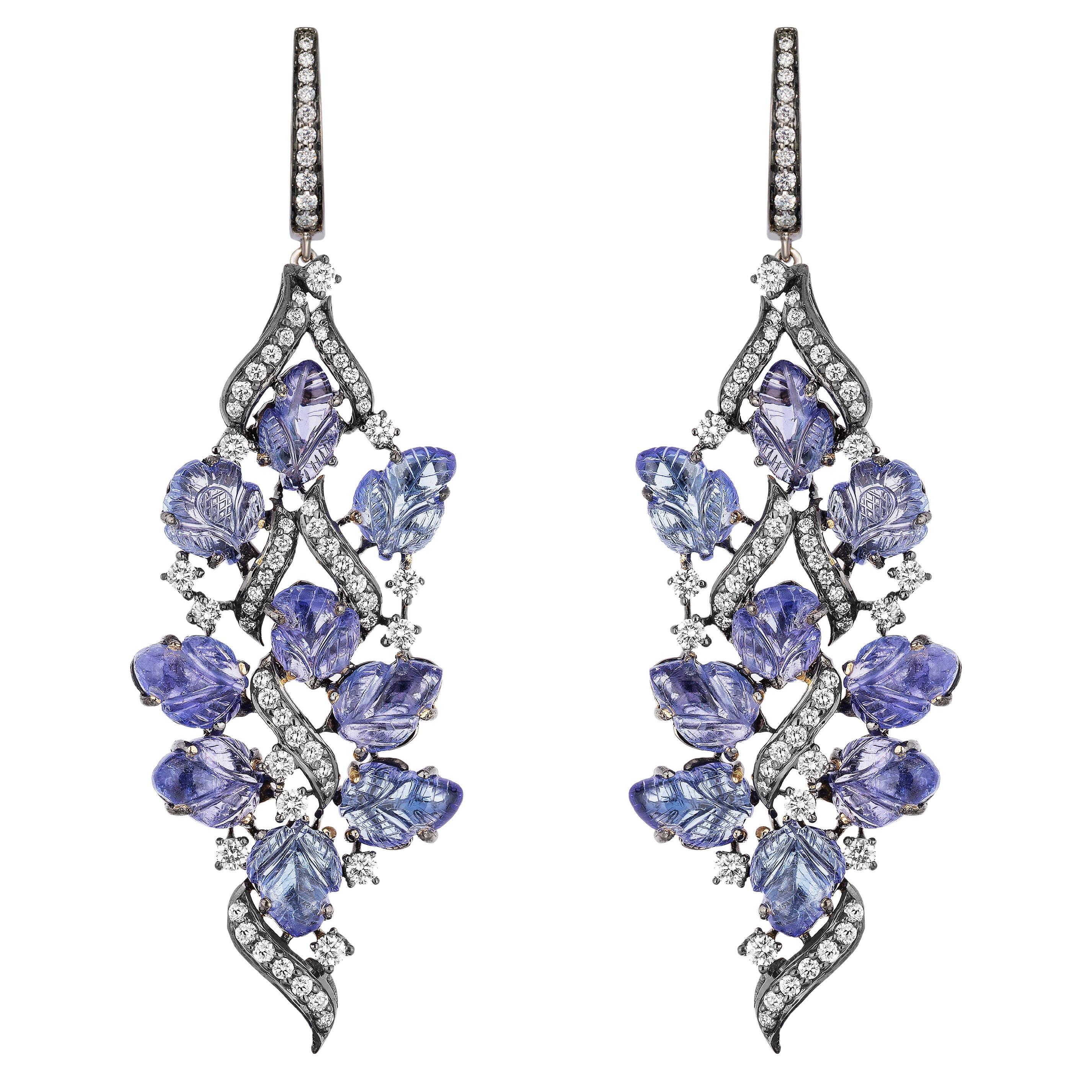 Goshwara Carved Tanzanite Leaf with Diamonds Earrings For Sale
