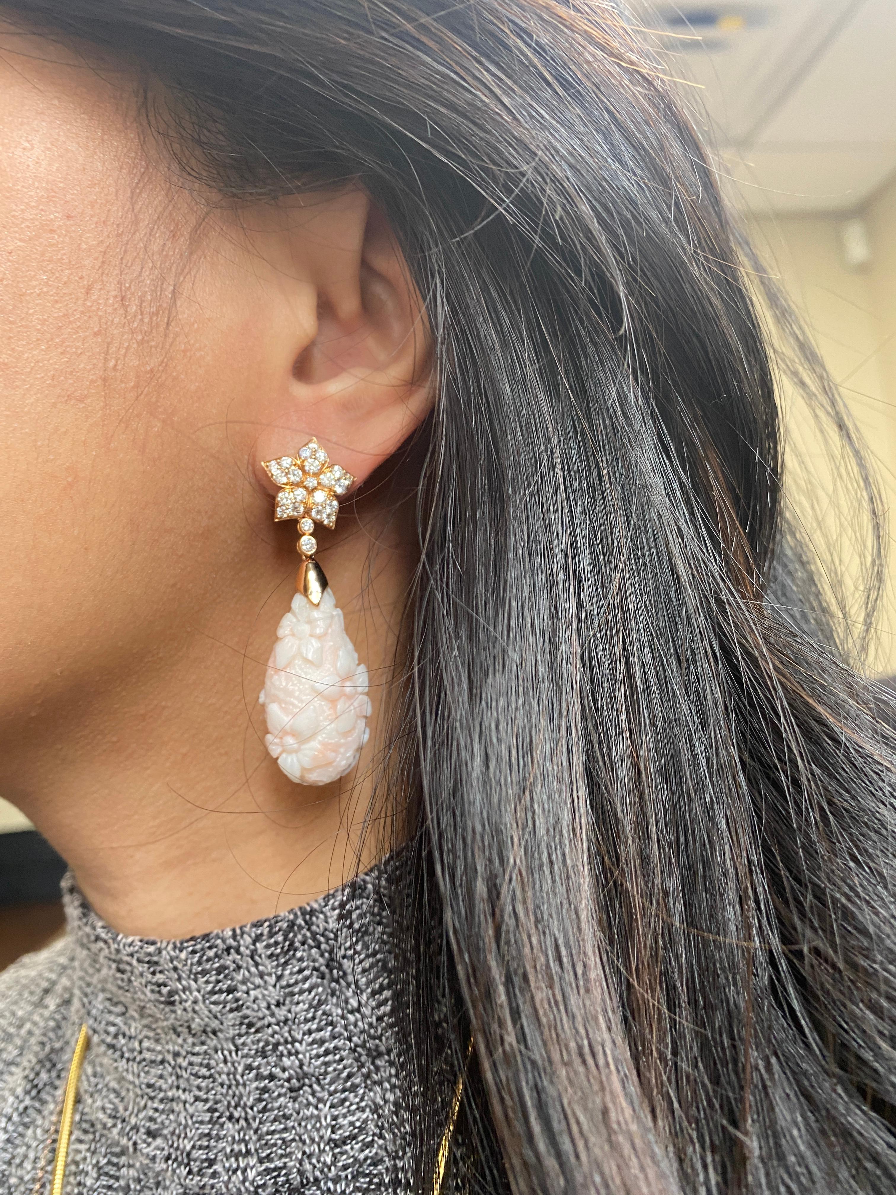 Mixed Cut Goshwara Carved White Coral Drop Earrings For Sale