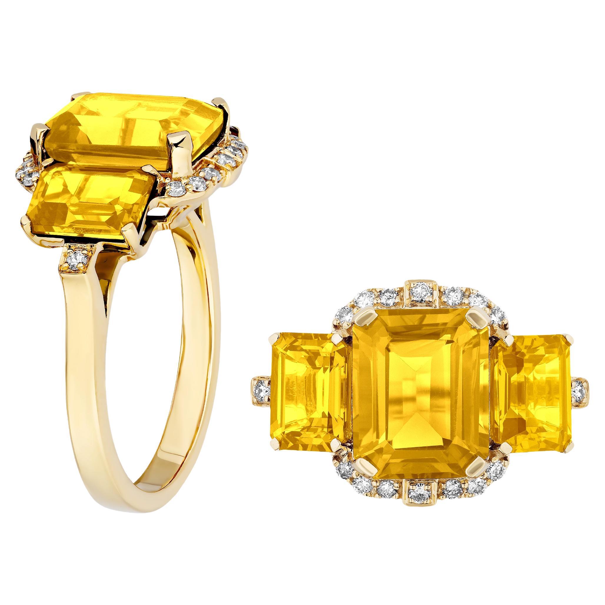 Bague Goshwara en citrine à 3 pierres, taille émeraude et diamants