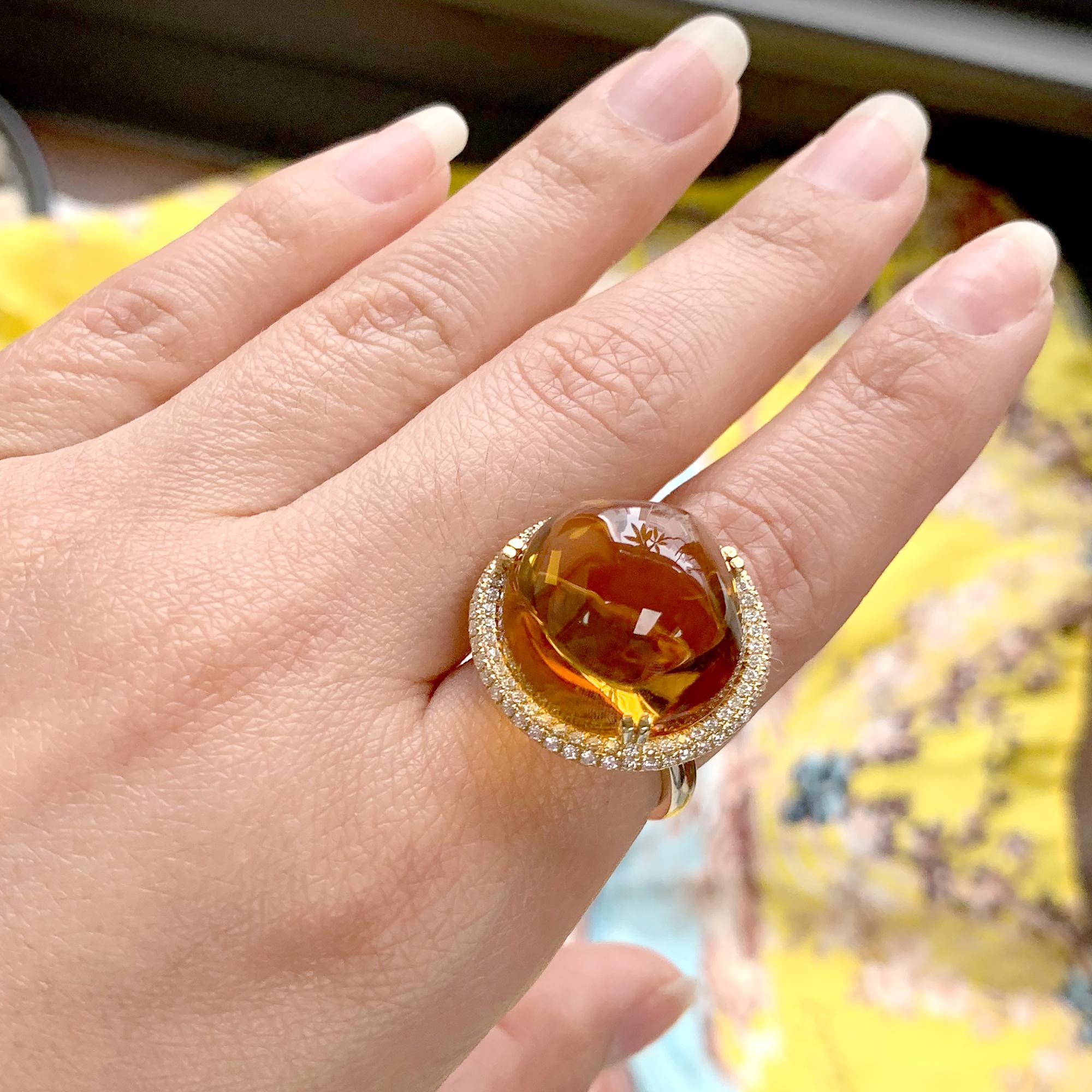 Citrine Uneven Round Cabochon Ring in 18K Yellow Gold with Diamonds, from 'Rock 'N Roll' Collection. Extensive collection of big and bold pieces. Like the music, this Rock ‘n Roll collection is electric in color and very stimulating to the eye.