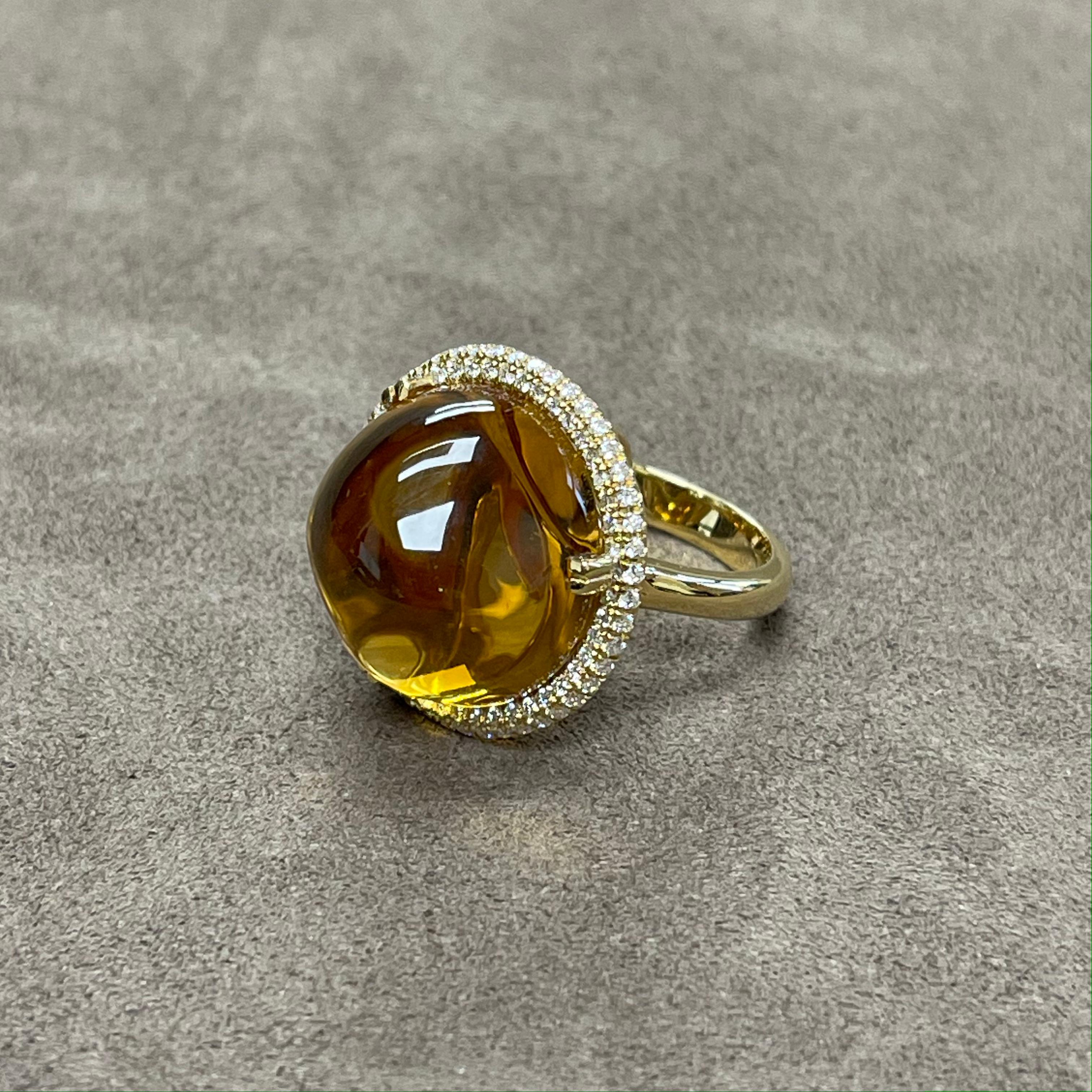Round Cut Goshwara Citrine Cabochon and Diamond Ring For Sale