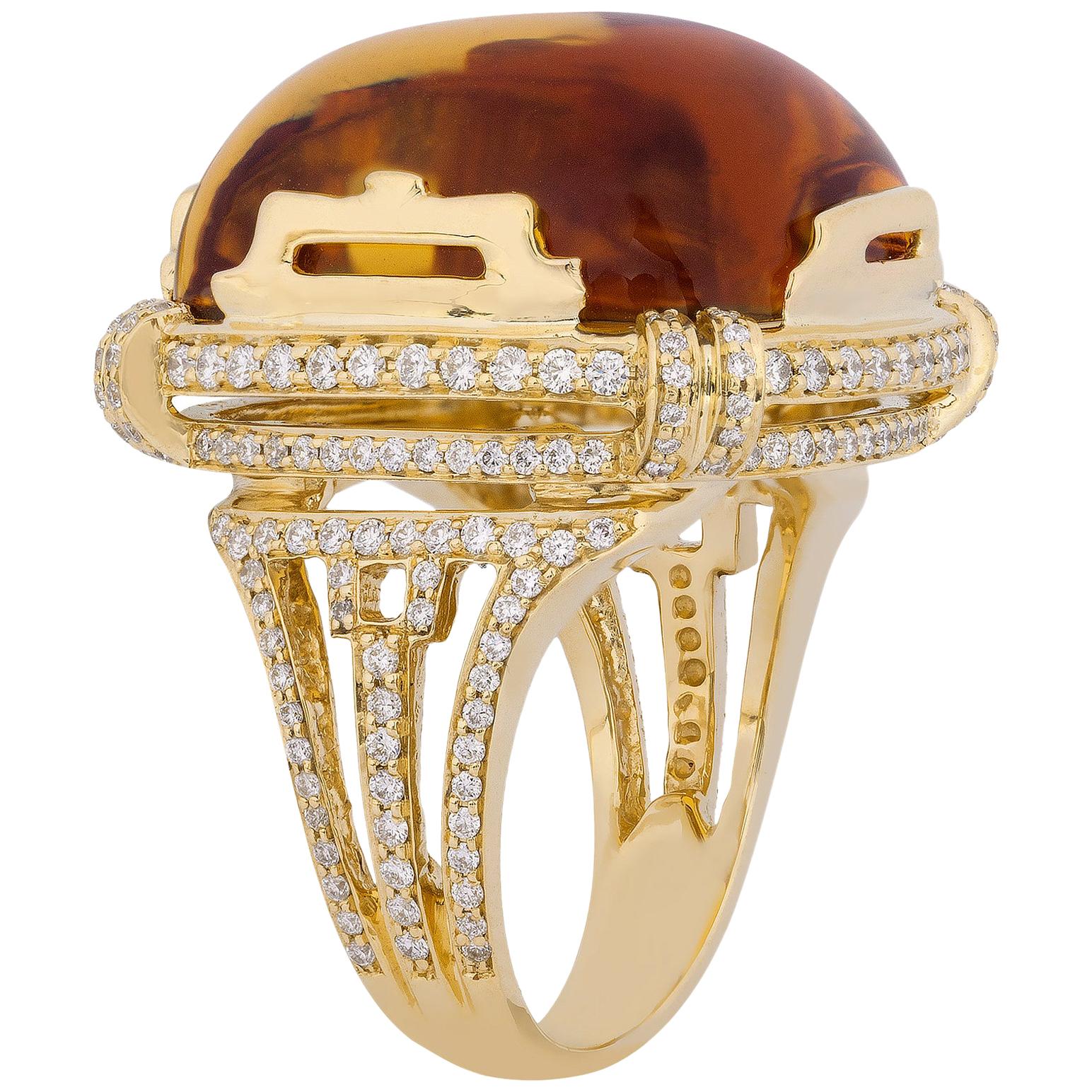 Citrine Cushion Cabochon Ring in 18K Yellow Gold with Diamonds, from 'Rock N' Roll' Collection. Extensive collection of big and bold pieces. Like the music, this Rock ‘n Roll collection is electric in color and very stimulating to the eye. These
