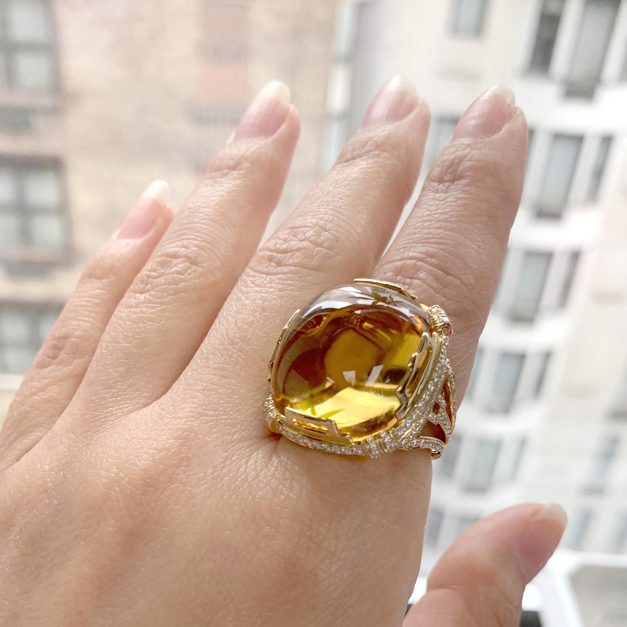 Goshwara Citrine Cushion Cabochon and Diamond Ring In New Condition For Sale In New York, NY