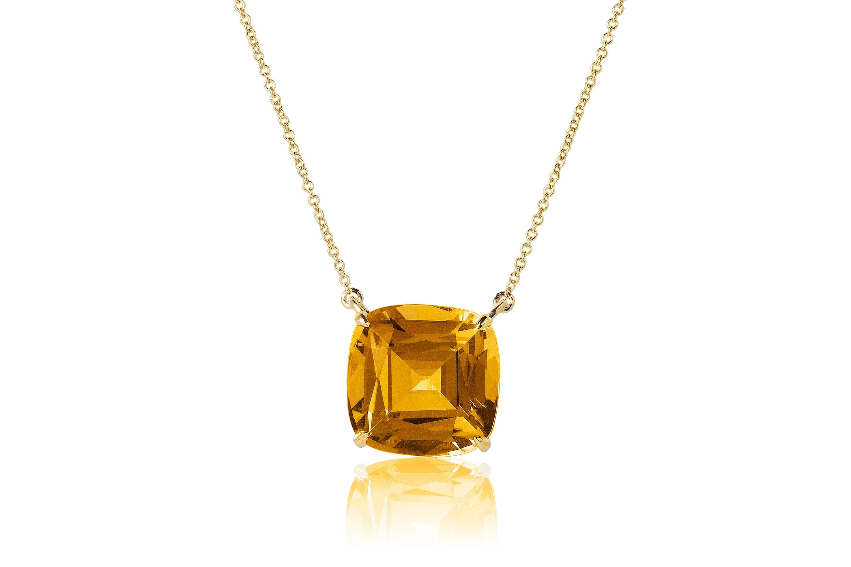 Citrine Cushion Pendant on Cable Chain in 18K Yellow Gold, from ‘Gossip' Collection 
Stone Size: 14 x 14 mm 
Gemstone Approx. Wt: Citrine- 11.20 Carats