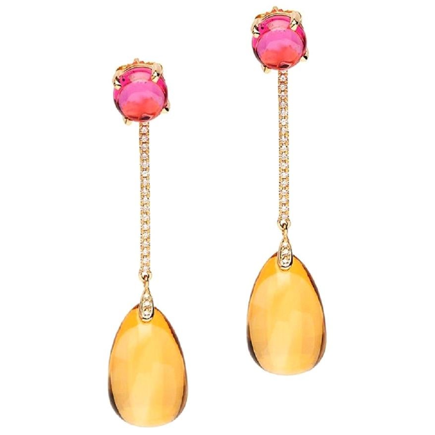 Goshwara Citrine Drop and Rubelite Cabochon with Diamond Earrings For Sale