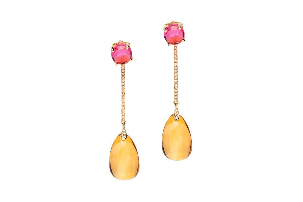 Citrine & Rubelite Long Drop Earrings with Diamonds in 18K Yellow Gold from 'Naughty' Collection

Stone Size: 19 x 12 mm & 8 mm

Approx. gemstone Wt: 37.53 Carats (Citrine); 5.25 Carats (Rubelite)

Diamonds- G-H / VS, Approx Wt - 0.27 Cts