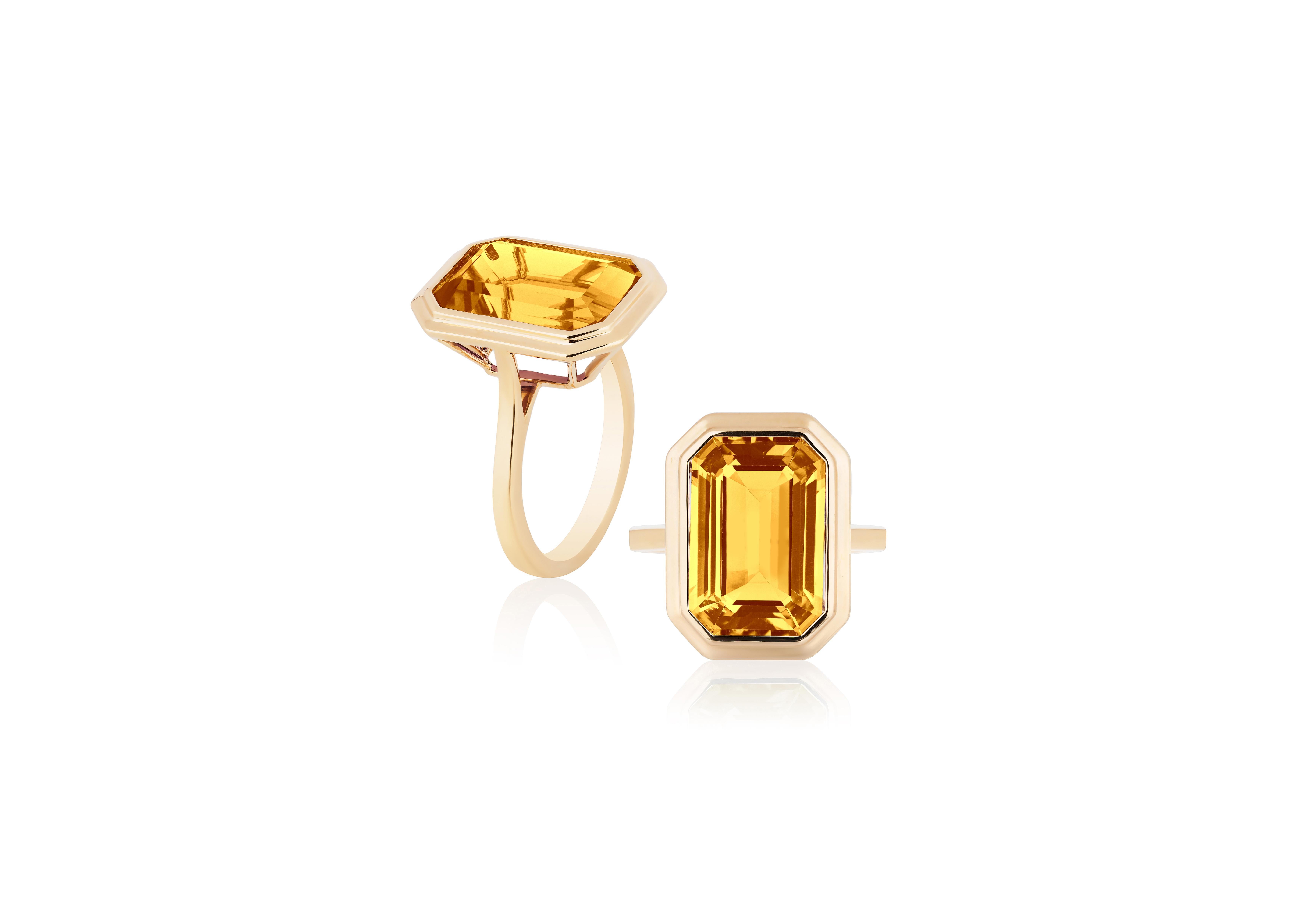A classic yet an everyday bold statement piece, this amazing cocktail ring is part of our very new ‘Manhattan’ Collection. It has a 10 x 15 mm emerald cut Citrine in a bezel setting in 18k gold.   ​

Minimalist lines yet bold structures is what our