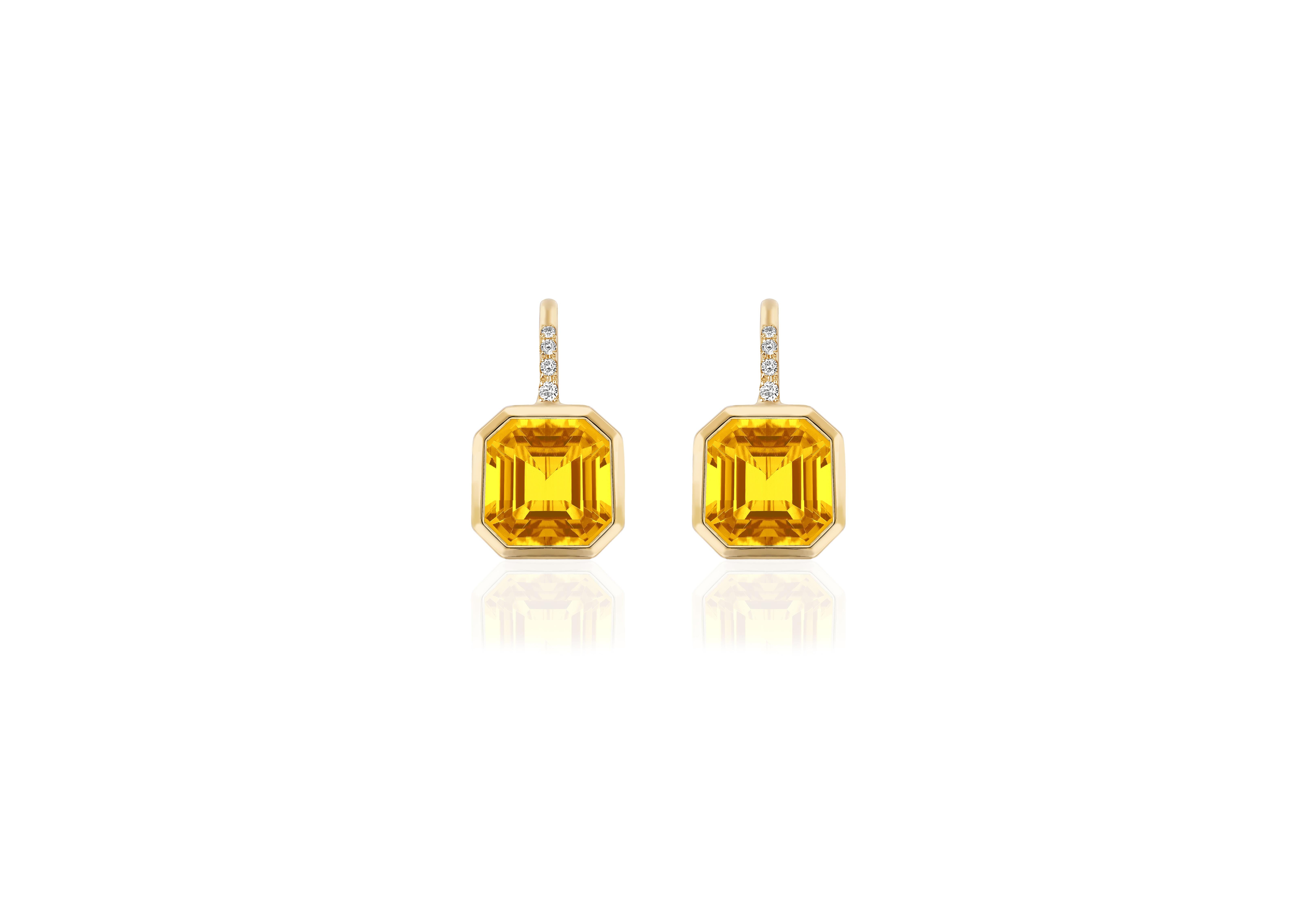 Elevate your style with these exquisite earrings featuring a stunning 9 x 9 mm Asscher-cut Citrine gemstone. Expertly set on a delicate wire of 18K Gold, these earrings are adorned with four dazzling Diamonds, adding a touch of luxury and sparkle to