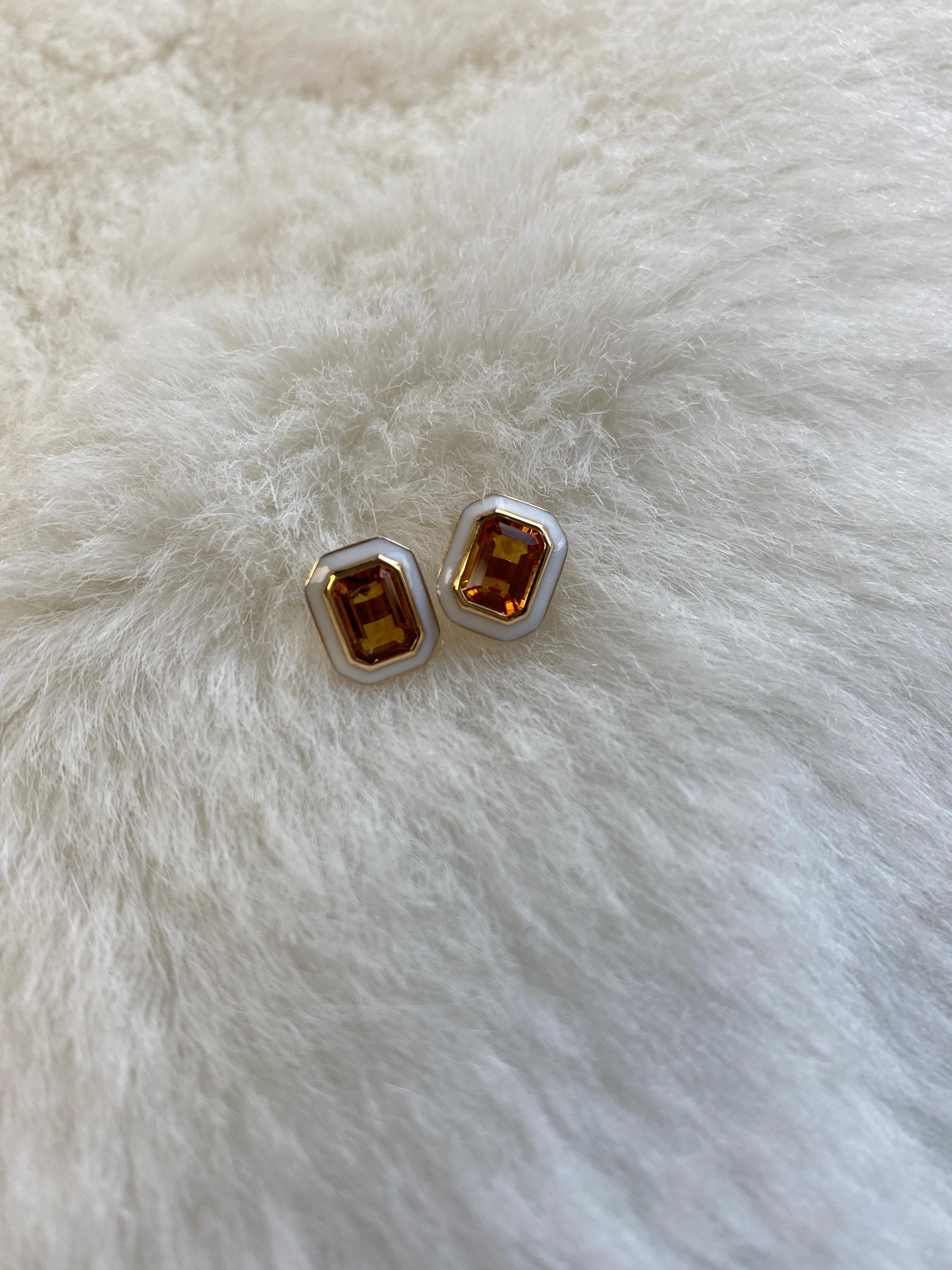 Contemporary Goshwara Citrine Emerald Cut Studs with White Enamel Earrings For Sale
