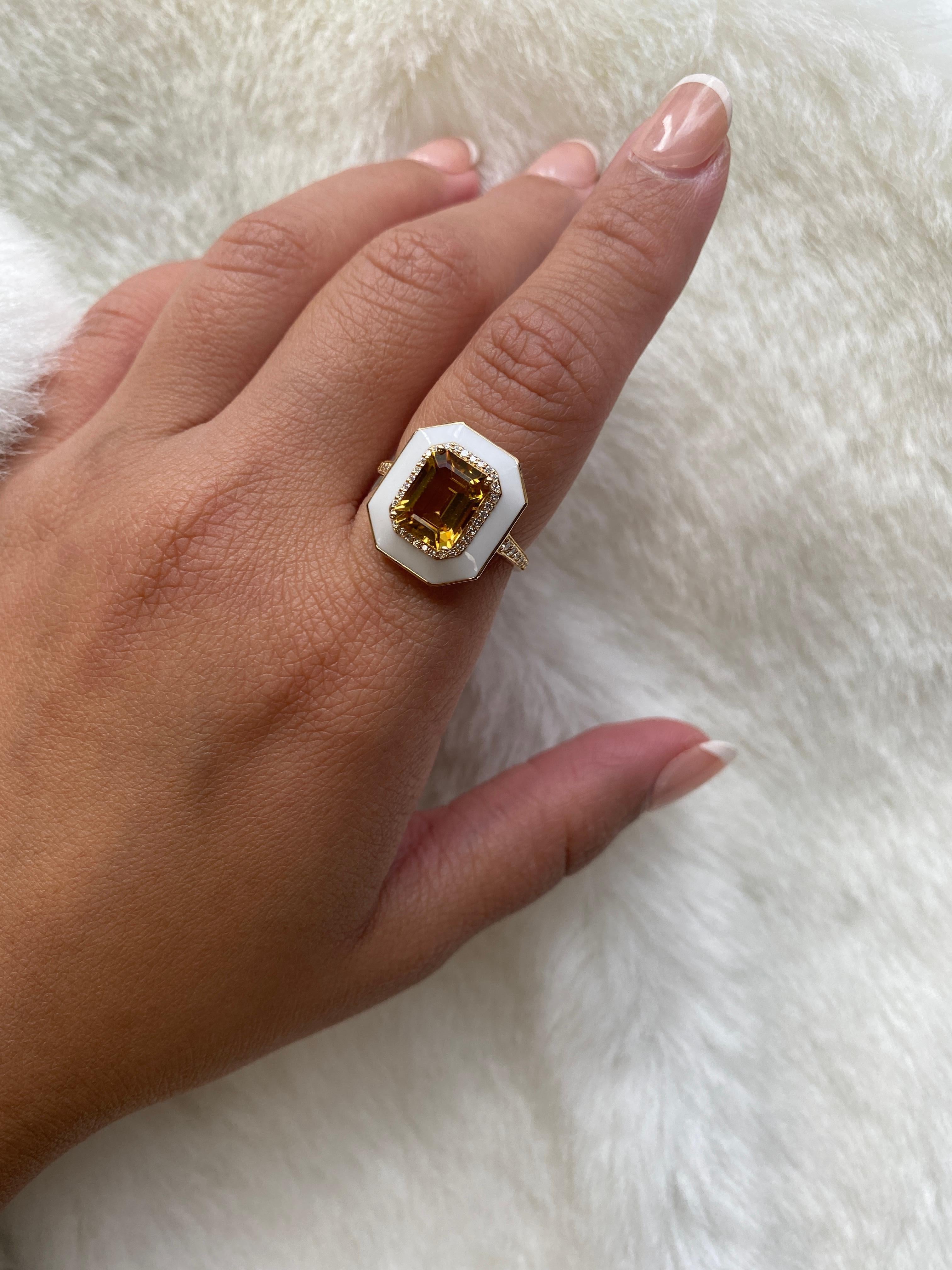 Citrine Emerald Cut Ring with Diamonds and White Enamel in 18K Yellow Gold, from 'Queen' Collection. Our Queen Collection was inspired by royalty, but with a modern twist. The combination of enamel and Citrine represents power, richness and passion