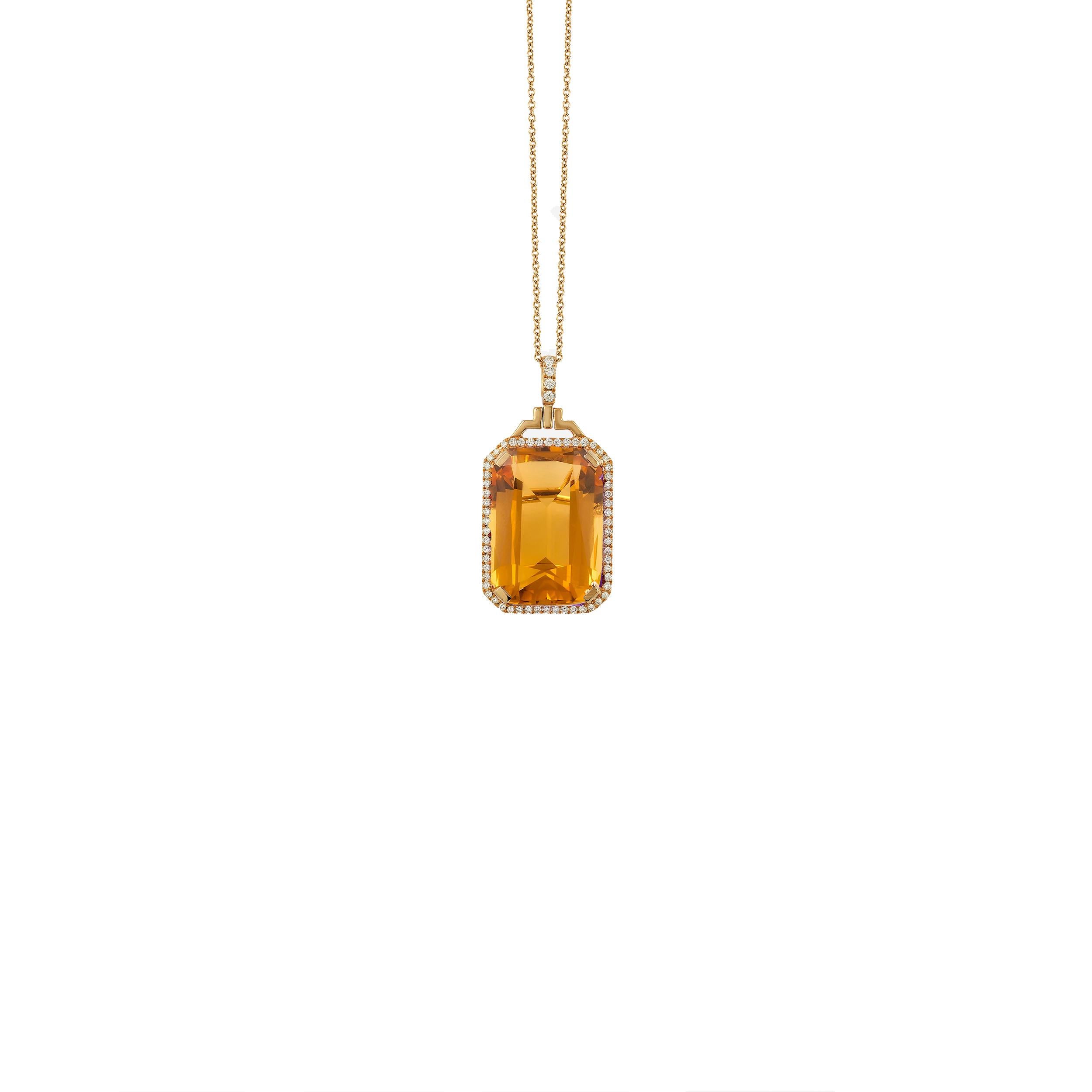 Citrine Emerald Cut Pendant with Diamonds in 18K Pink Gold, from 'Gossip' Collection 
 
 on a 18'' Chain
 
 Stone Size: 10 x 15 mm 
 
 Gemstone Approx Wt: Citrine- 6.25 Carats 
 
 Diamonds: G-H / VS, Approx Wt : 0.15 Carats