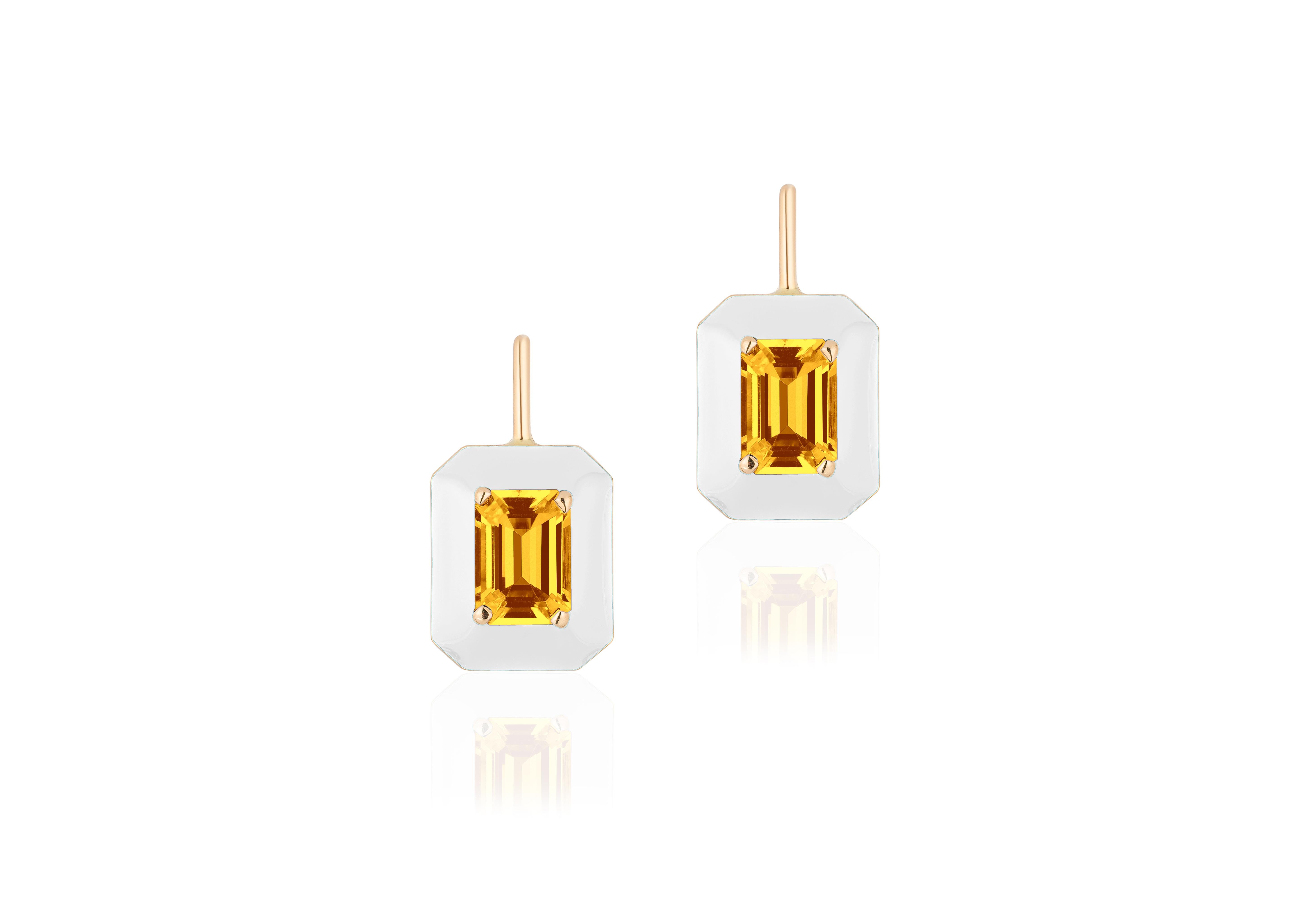 Contemporary Goshwara Citrine Emerald Cut with White Enamel Earrings For Sale