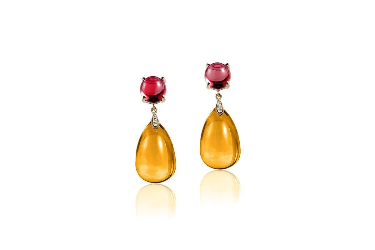 Citrine and Garnet Cabochon Drop Earrings with Diamonds in 18K Yellow Gold, from 'Naughty' Collection

Stone Size: 19 x 12 mm & 8 mm 

Gemstone Approx Wt: Citrine-Garnet – 42.36 Carats

Diamonds: G-H / VS, Approx Wt: 0.04 Carats