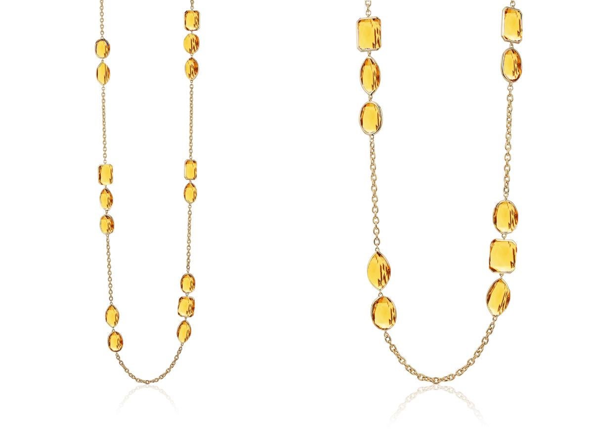 Citrine Multi-Shape Station Necklace in 18K Yellow Gold from ‘Gossip’ Collection
Approx Length 36”
Stone Size: 19 x 12 mm & 16 x 12 mm
Gemstone Approx Wt: Moon Quartz- 111.40 Carats