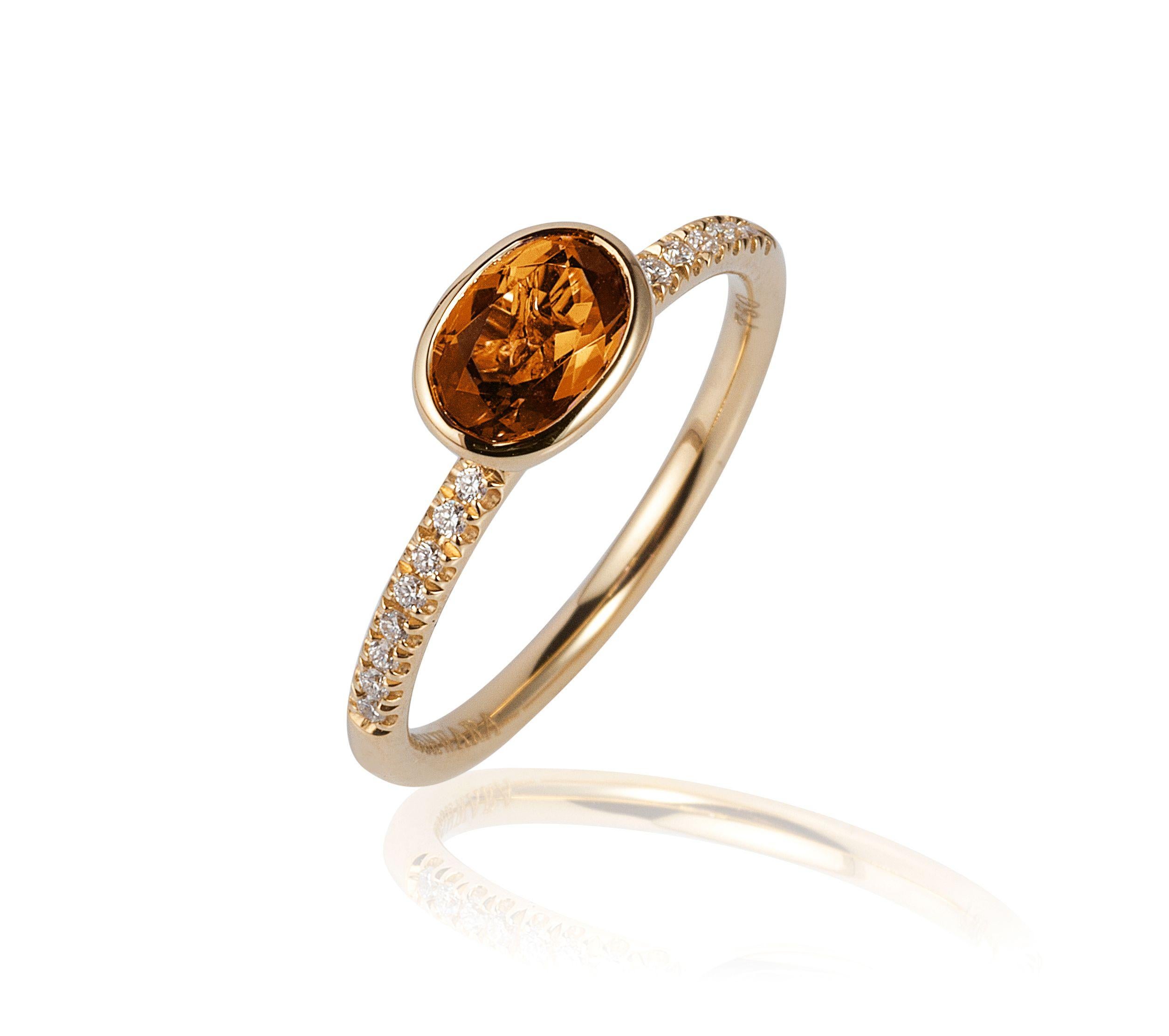 Citrine Faceted Oval Ring with Diamond in 18K Yellow Gold, from 'Gossip' Collection
 
 Stone Size: 7 x 5 mm
 
 Gemstone Approx. Wt: 0.78 Carats
 
 Diamonds: G-H / VS, Approx. Wt: 0.08 Carats