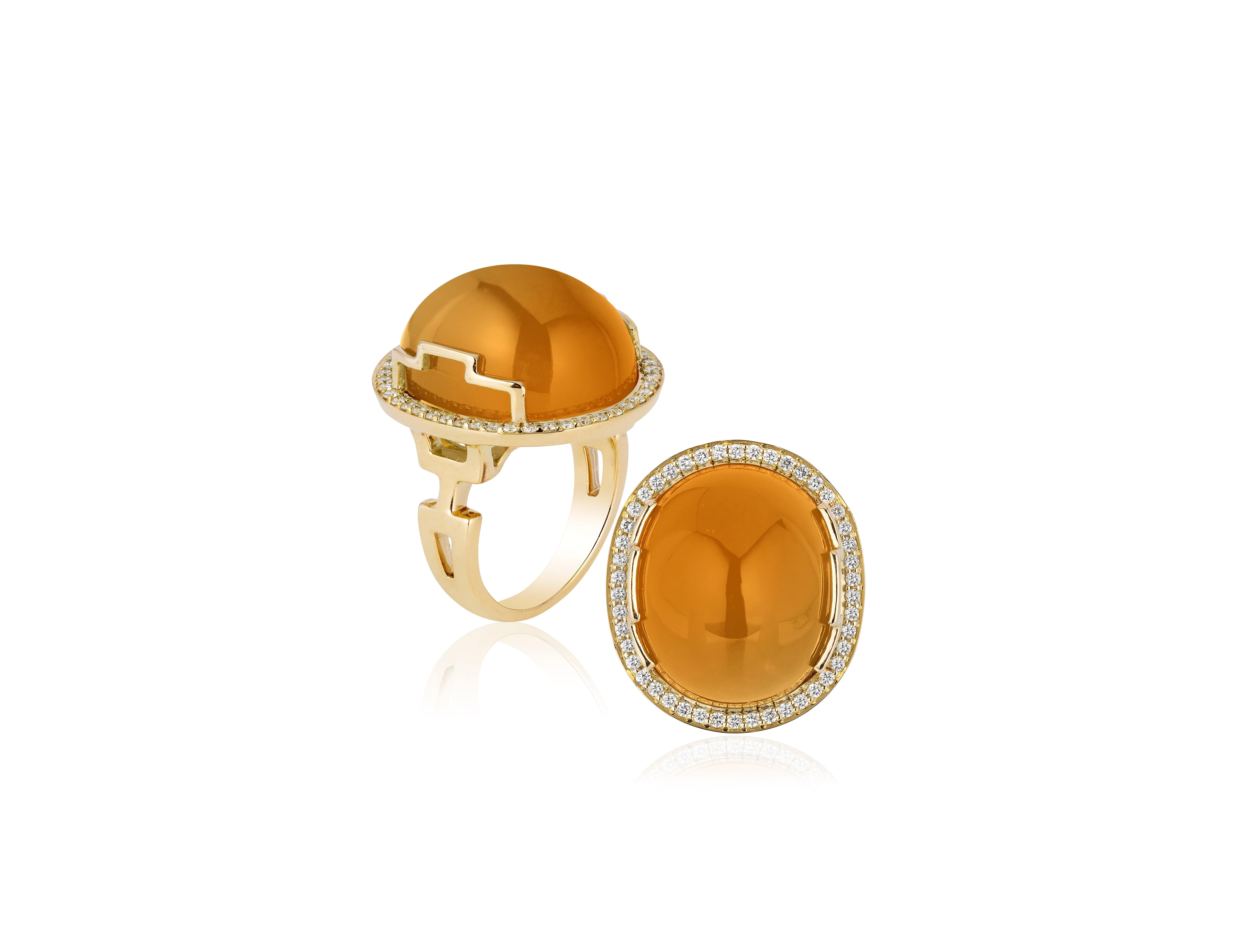 Citrine Oval Cabochon Ring in 18K Yellow Gold, from 'Rock N Roll' Collection 
 Stone Size: 20 x 17 mm
 Gemstone Approx. Wt: Citrine- 35 Carats
 Diamonds: G-H / VS, Approx. Wt: 0.31 Carats
