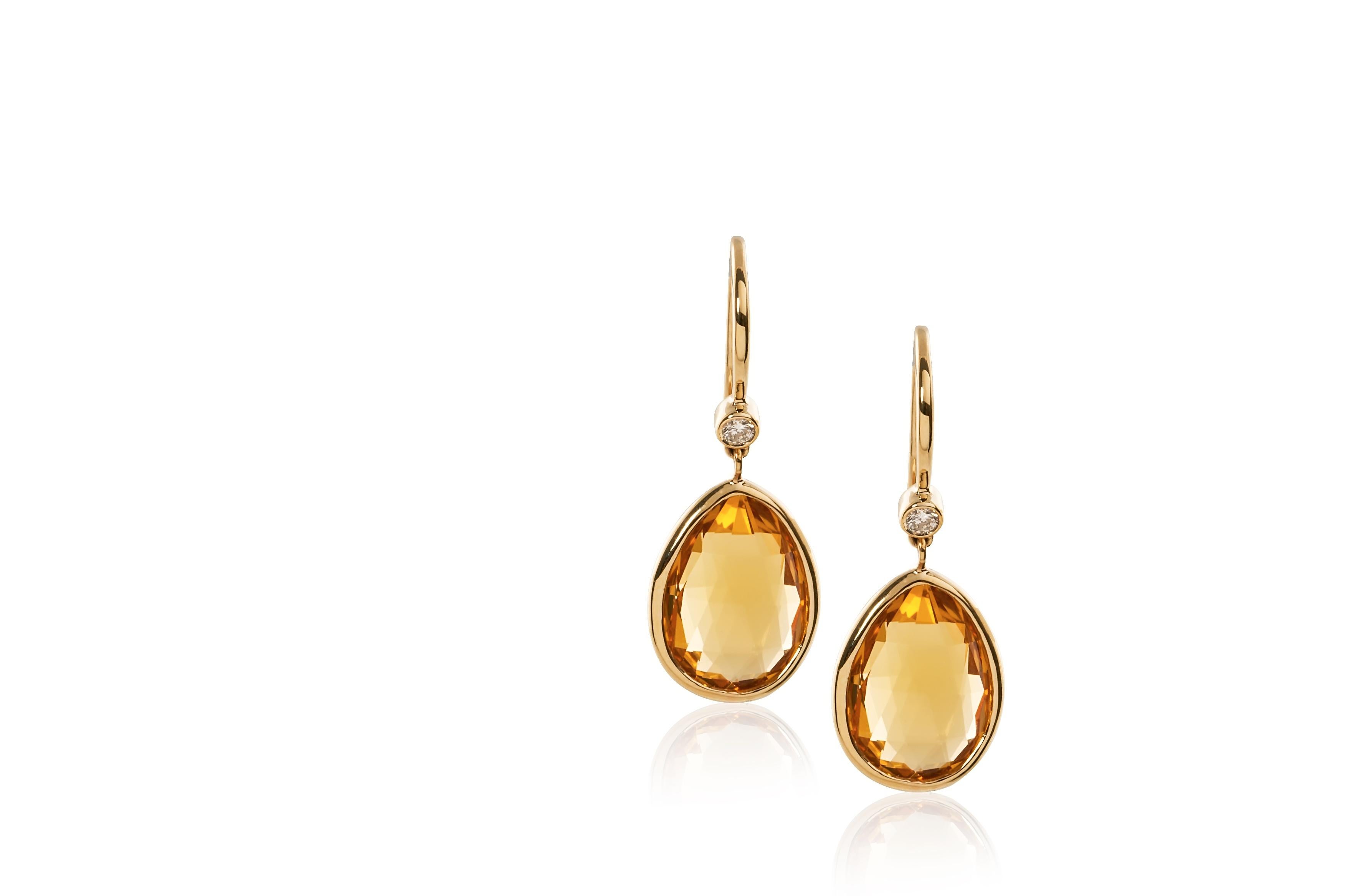 Citrine Pear Shape Briolette Earrings with Diamonds on French Wire in 18K Yellow Gold, from ‘Gossip’ Collection

Stone Size: 10 x 14 mm 

Gemstone Approx. Wt: Citrine- 10.22 Carats 

Diamonds: G-H / VS, Approx. Wt: 0.11 Carats