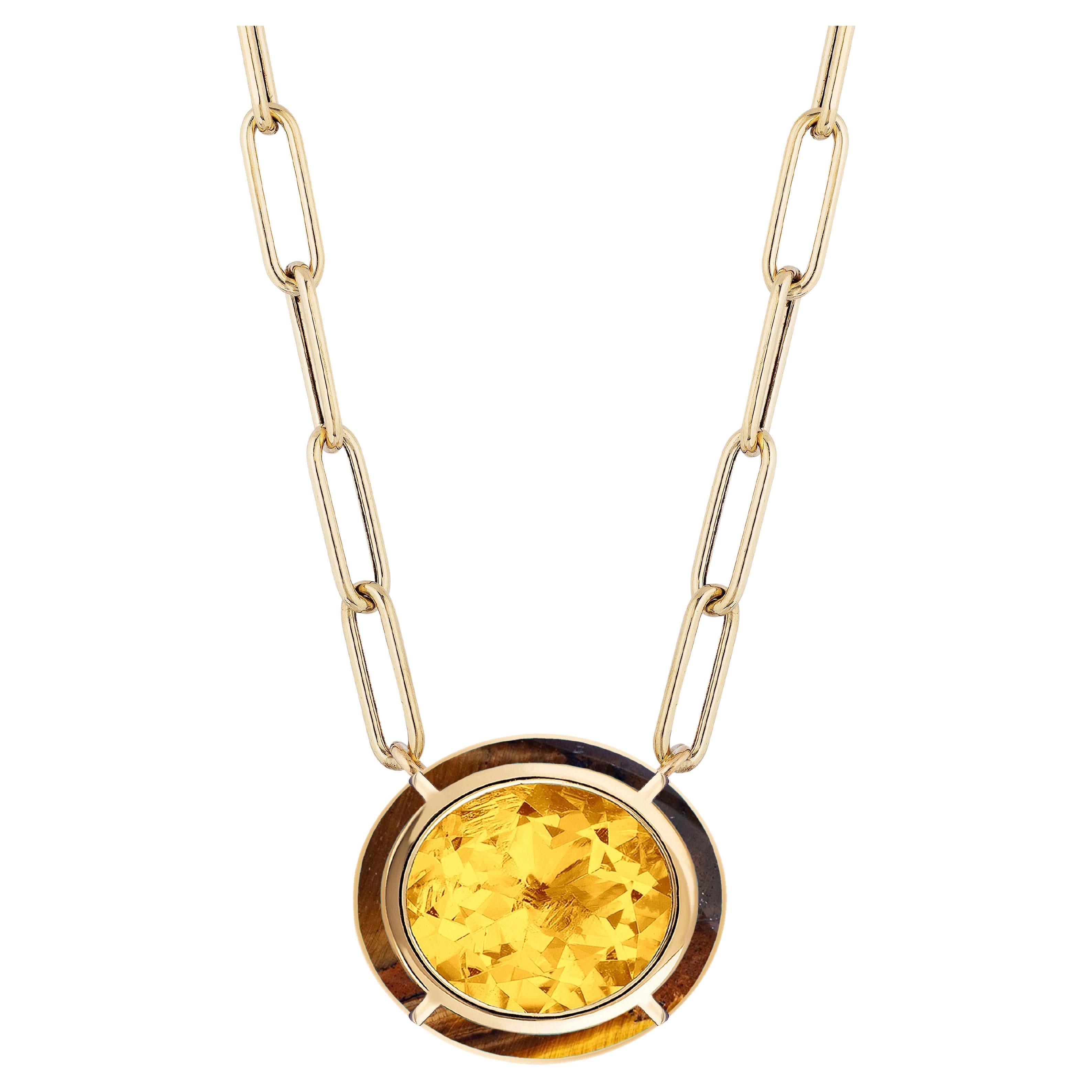 Pendentif ovale Goshwara incrusté de citrine et d'œil de tigre