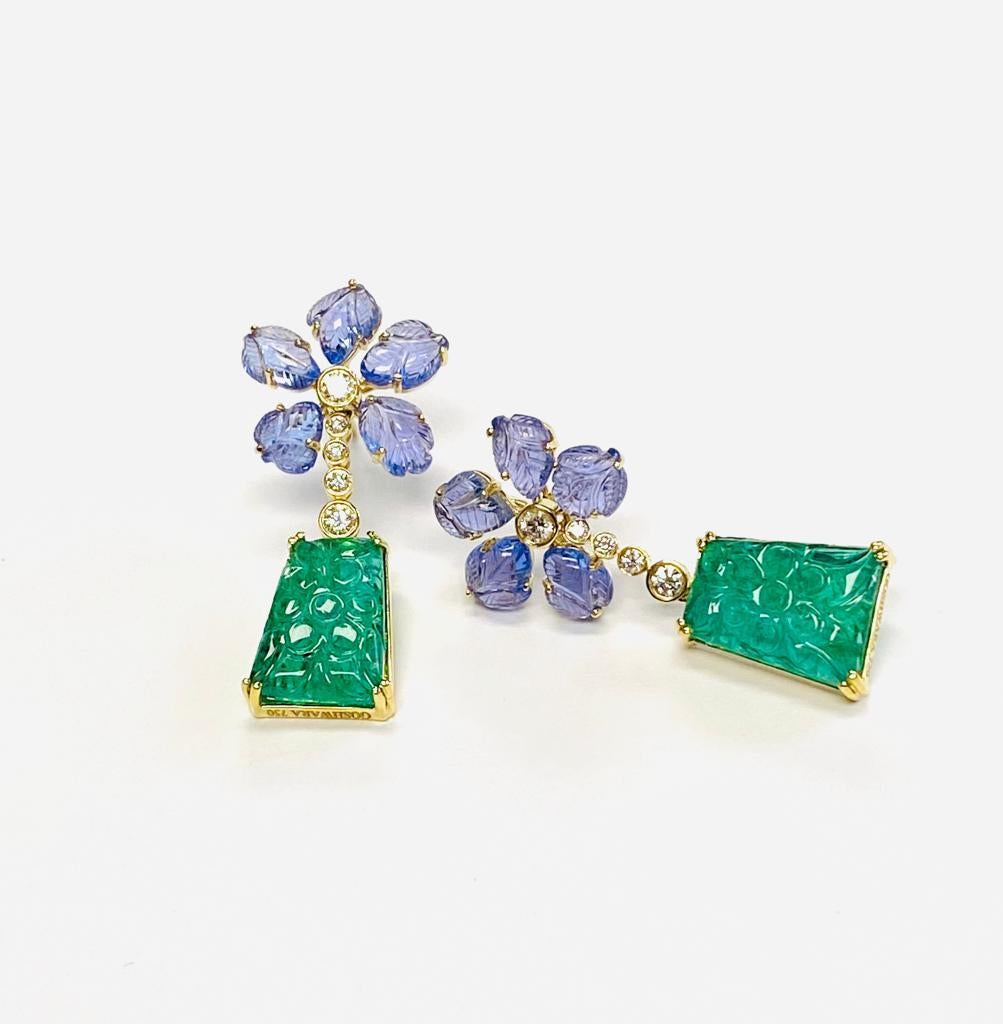 Women's Goshwara Classic Carved Emerald and Tanzanite Leaves Earrings