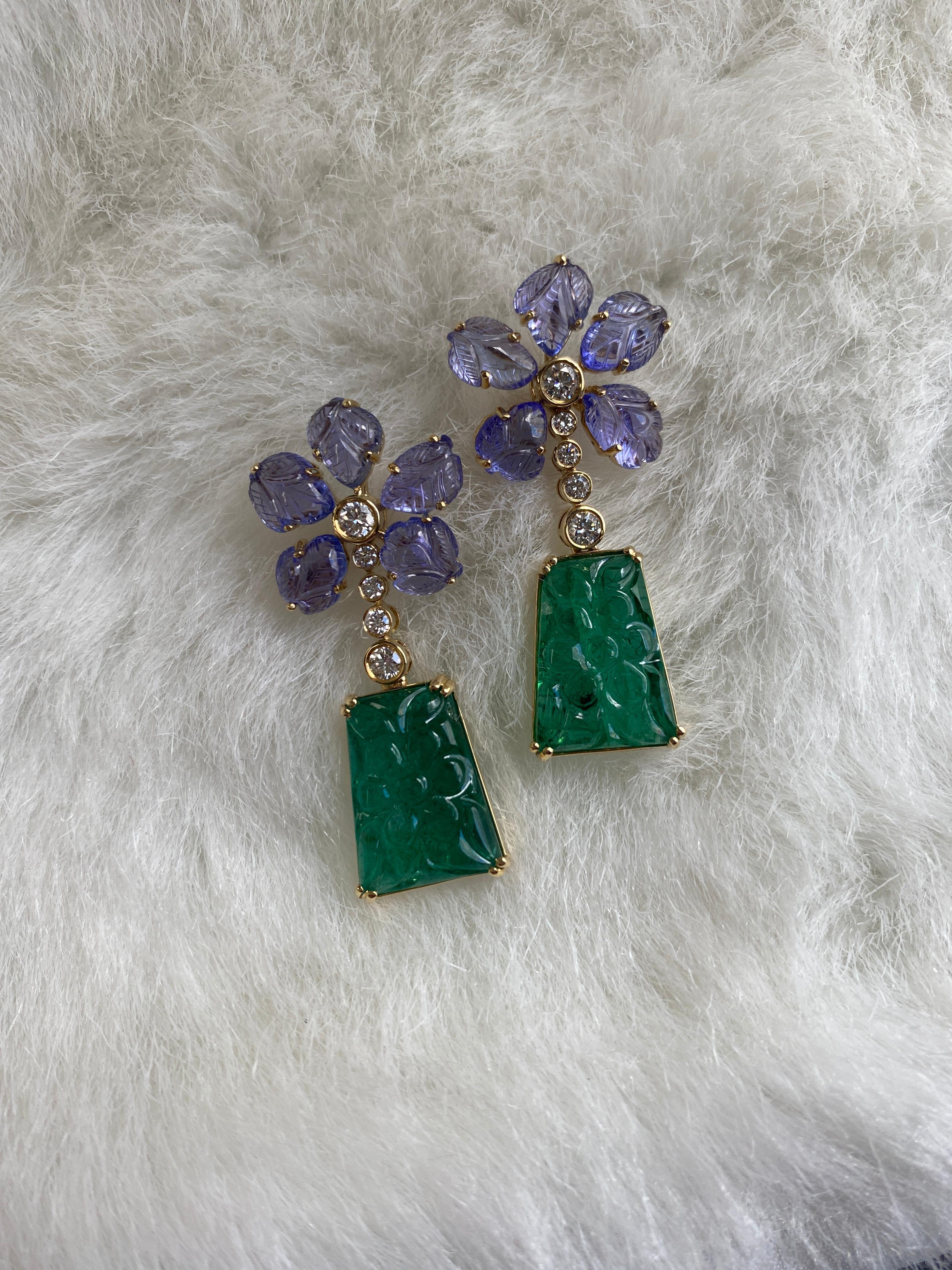 Mixed Cut Goshwara Classic Carved Emerald and Tanzanite Leaves Earrings