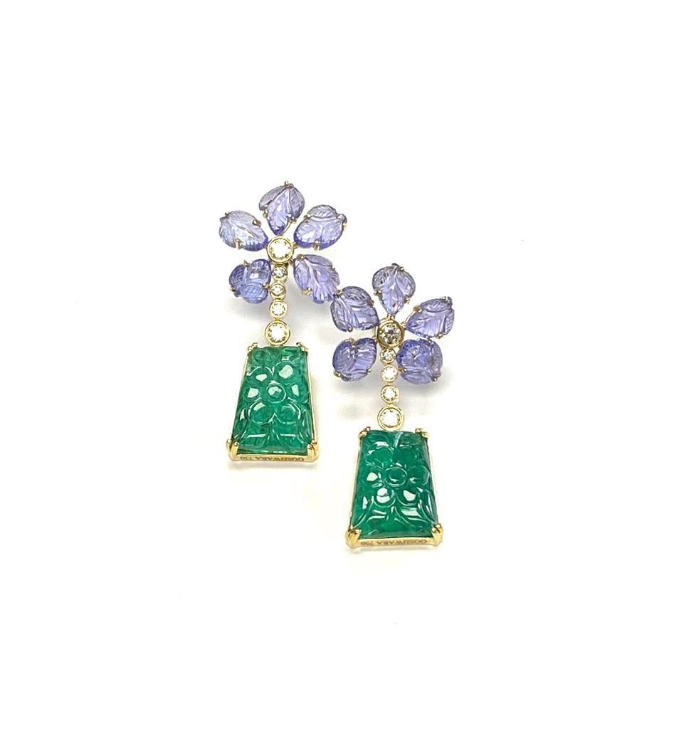 Goshwara Classic Carved Emerald and Tanzanite Leaves Earrings 1