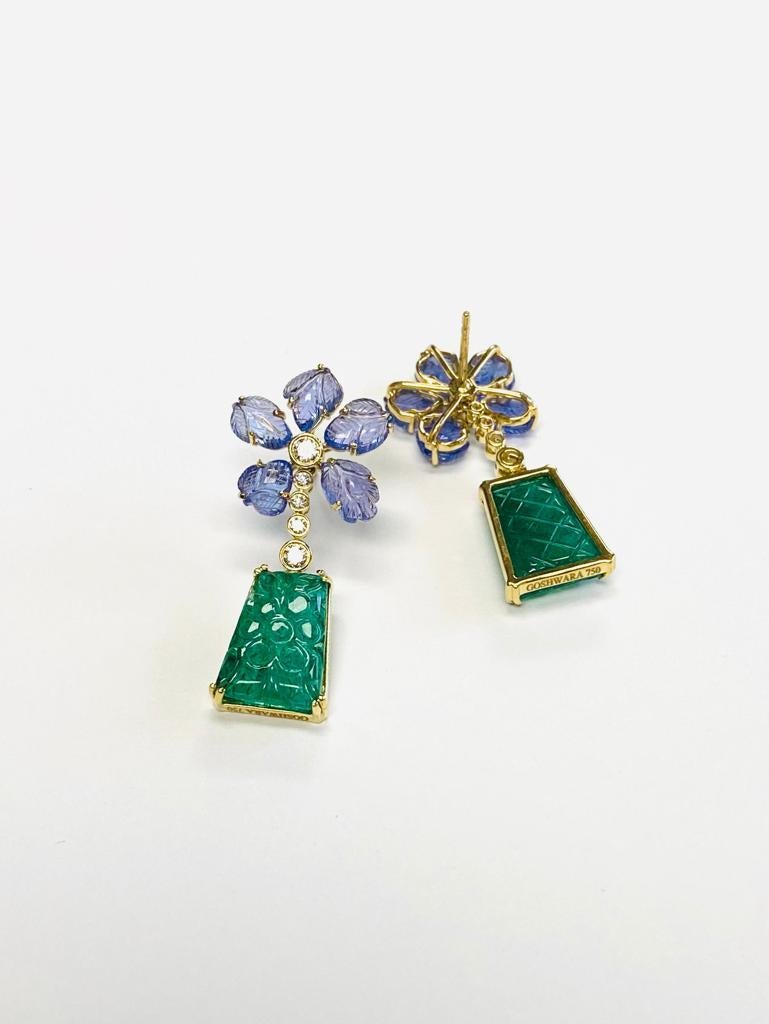 Goshwara Classic Carved Emerald and Tanzanite Leaves Earrings 2