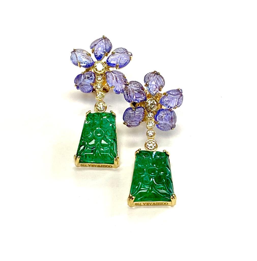 Goshwara Classic Carved Emerald and Tanzanite Leaves Earrings 3
