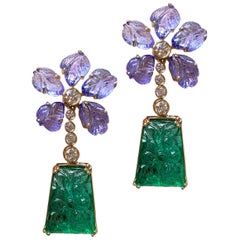 Goshwara Classic Carved Emerald and Tanzanite Leaves Earrings