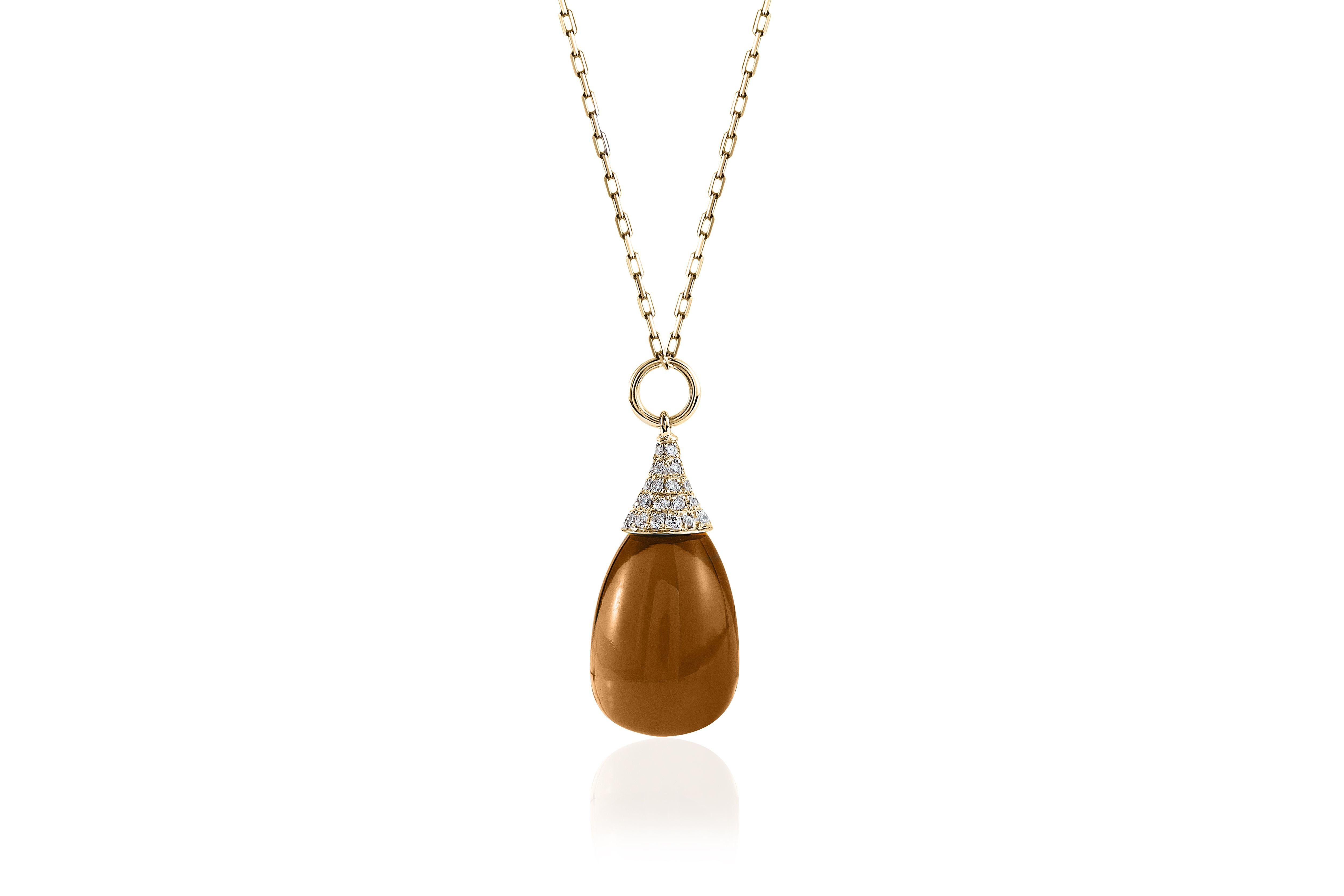 Cognac Drop Pendant with Diamond Cap in 18K Yellow Gold on an 18'' Chain from 'Naughty' Collection
 Stone Size: 19 x 12 mm 
 Diamonds: G-H / VS, Approx Wt:0.32 Cts