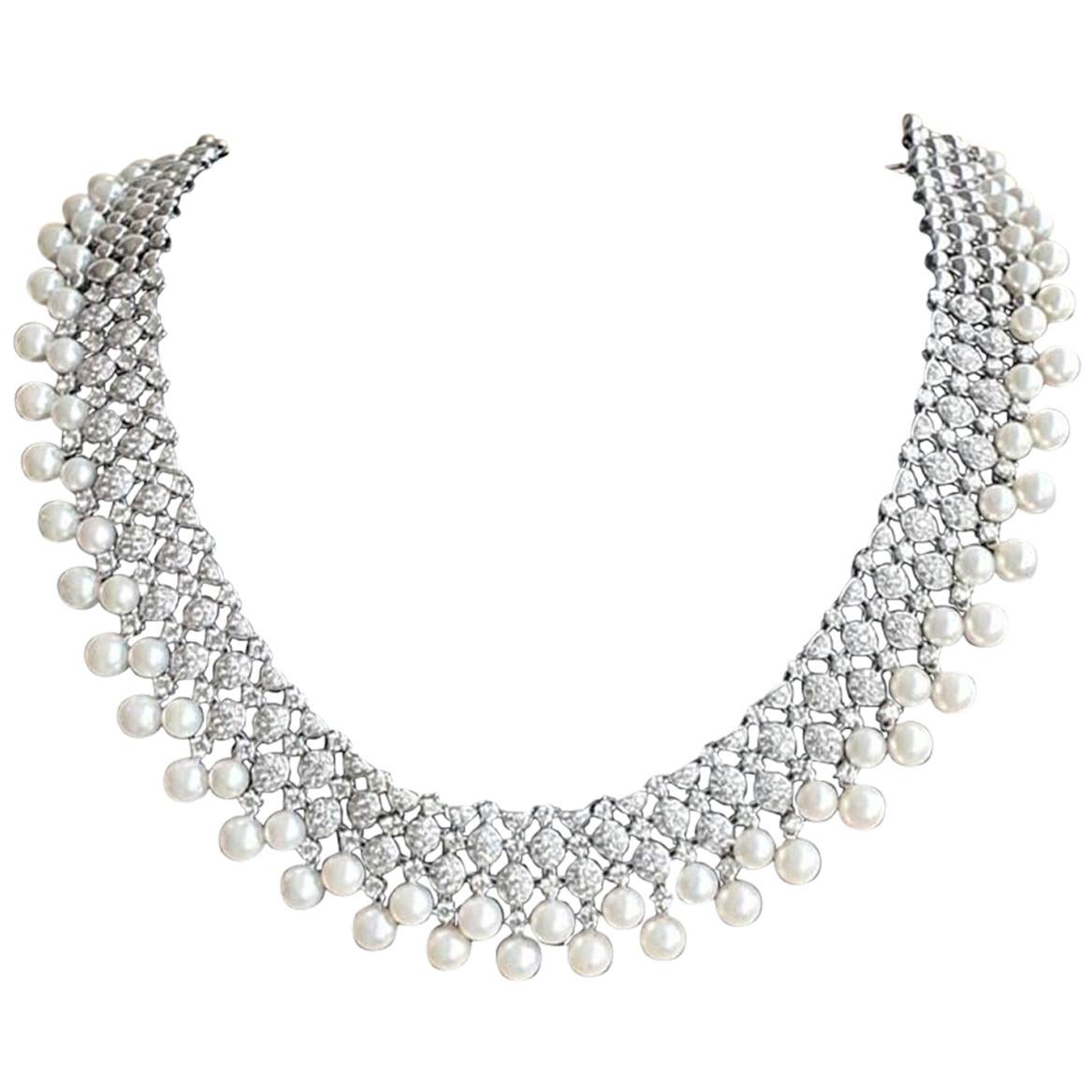 Cultured Pearl and Diamond Necklace For Sale