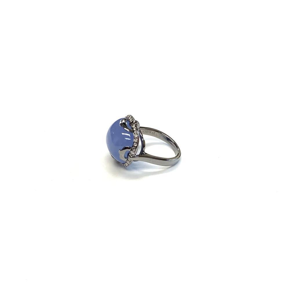 Contemporary Goshwara Cushion Cabochon Blue Chalcedony And Diamond Ring For Sale