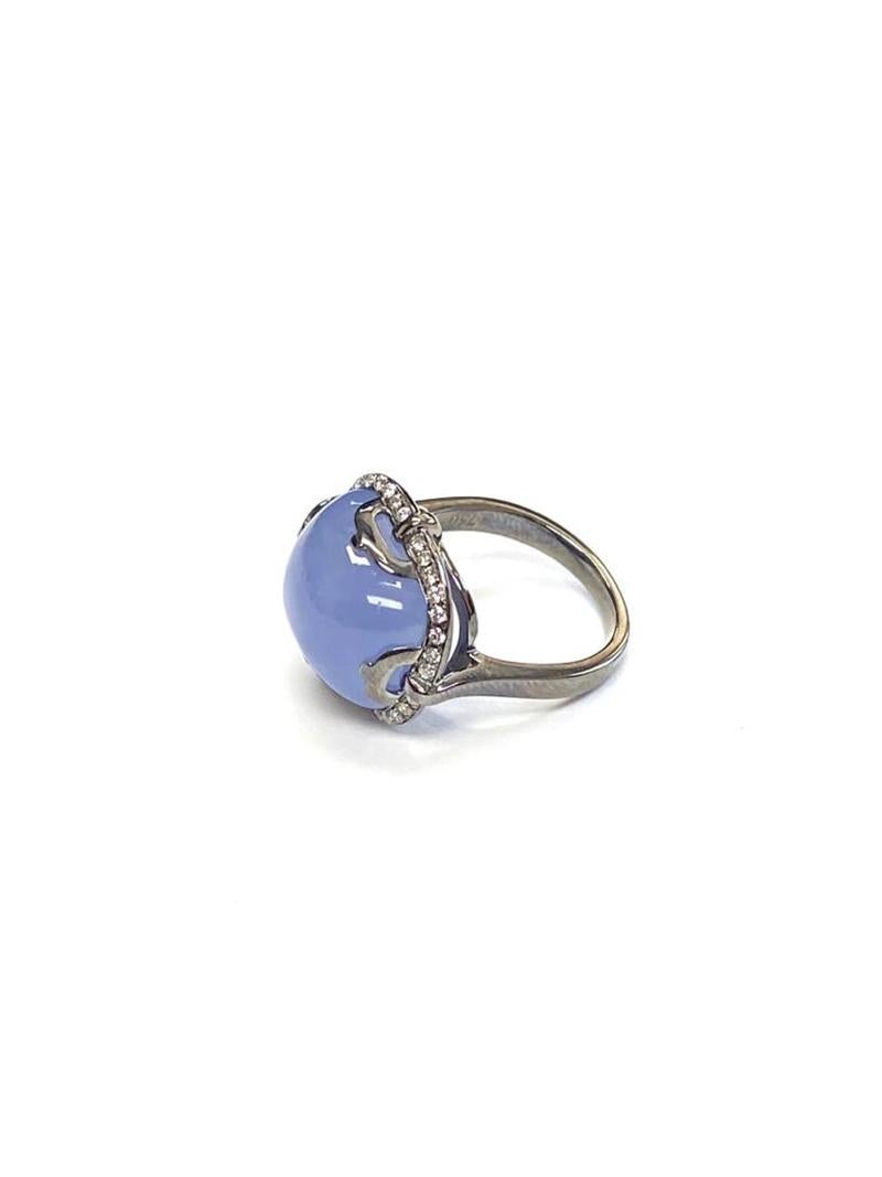 Goshwara Cushion Cabochon Blue Chalcedony And Diamond Ring In New Condition For Sale In New York, NY