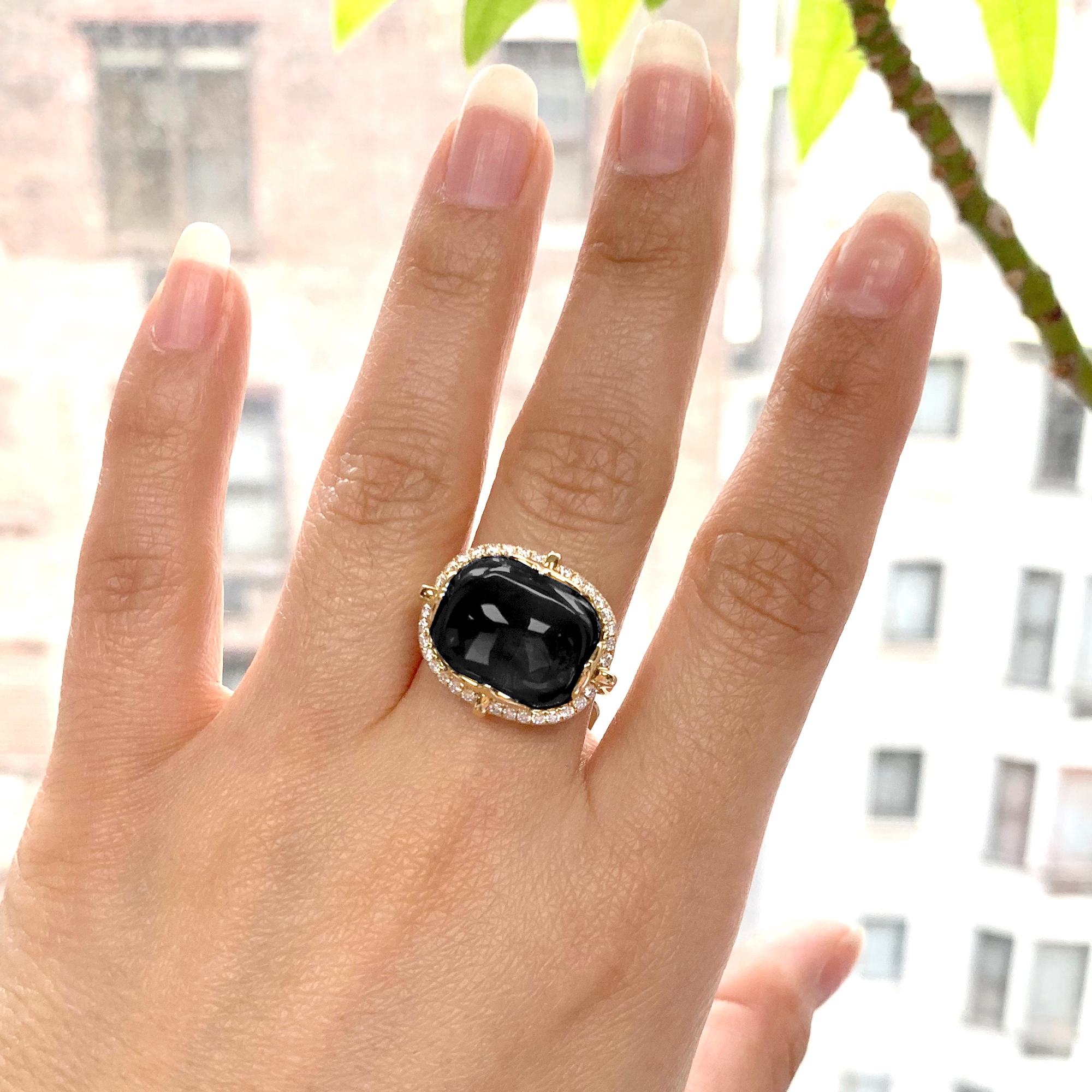 Onyx Cushion Cabochon Ring in 18K Yellow Gold with Diamonds, from 'Rock 'N Roll' Collection. Extensive collection of big and bold pieces. Like the music, this Rock ‘n Roll collection is electric in color and very stimulating to the eye. These