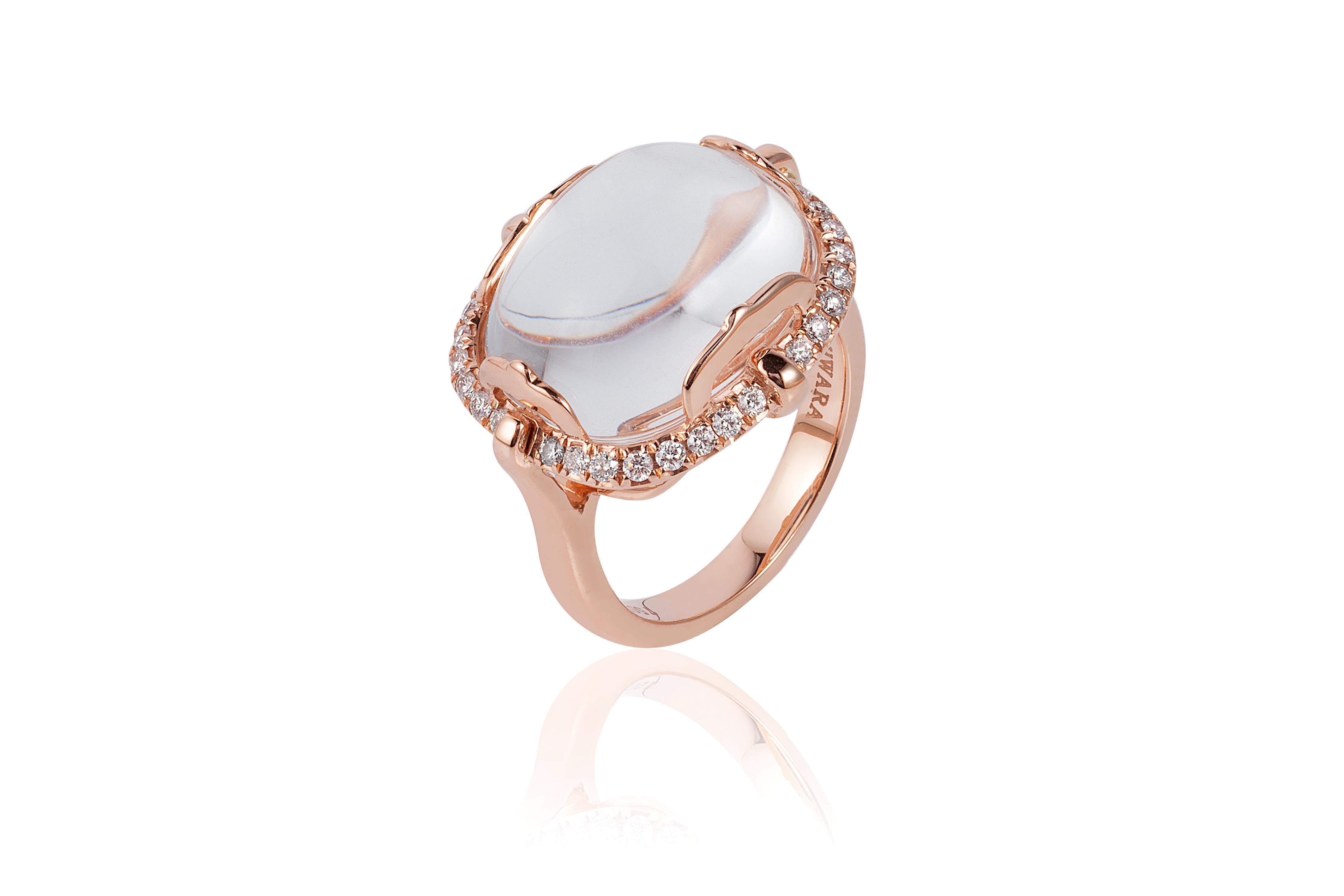 Rock Crystal Cushion Cabochon Ring in 18K Pink Gold with Diamonds from 'Rock 'N Roll' Collection

Stone Size: 16 x 13 mm 

Gemstone Approx Wt: 12.72 Carats

Diamonds: G-H / VS, Approx Wt :0.34 Carats