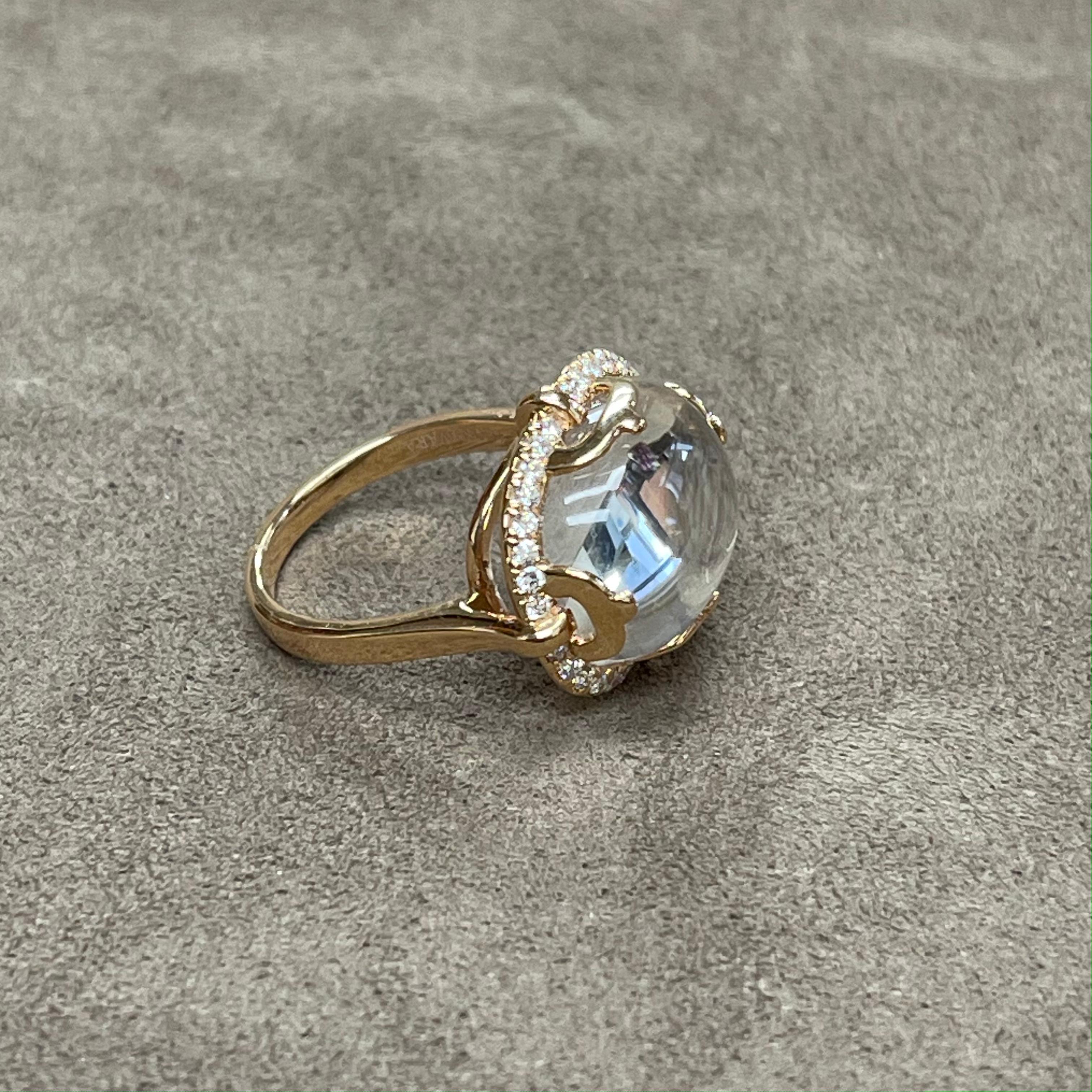 Contemporary Goshwara Cushion Cabochon Rock Crystal and Diamond Ring For Sale