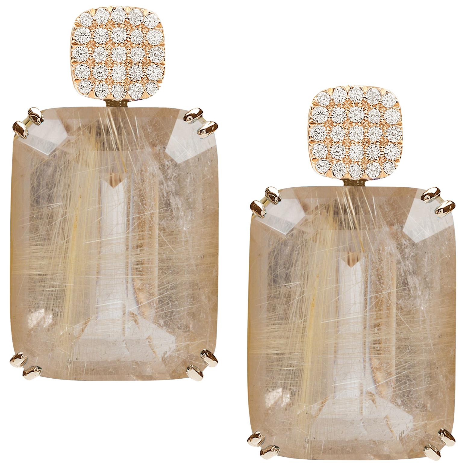 Goshwara Cushion Golden Rutilated and Diamond Earrings For Sale