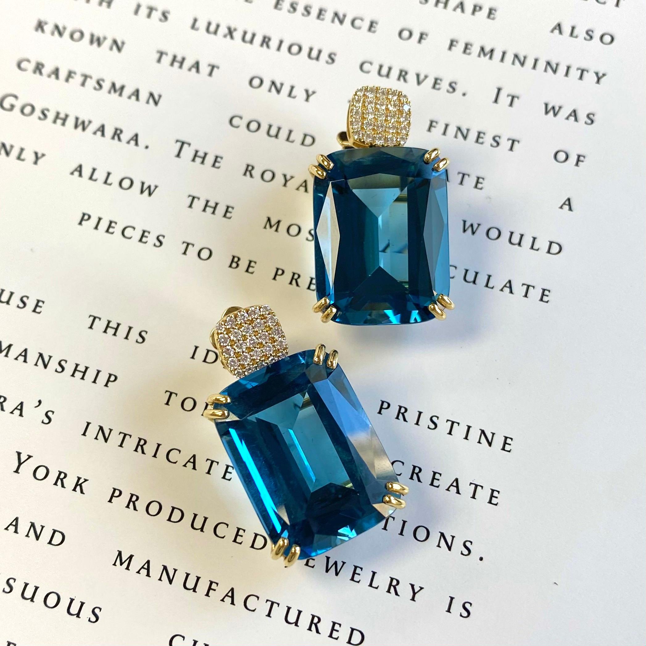 Cushion Cut Goshwara Cushion London Blue Topaz and Motif Diamond Earrings For Sale